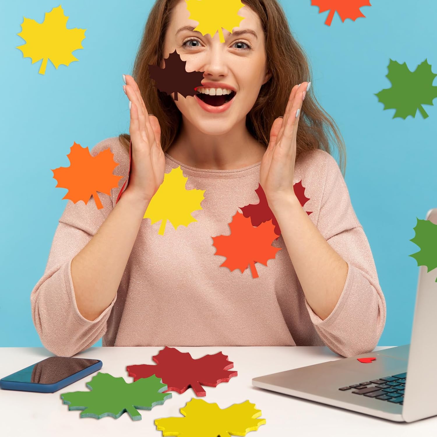 Glenmal 540 Sheets Thanksgiving Fall Leaf Sticky Notes Autumn Sticky Notepads Maple Leaves Shape Self Stick Cute Colorful Maple Leaf Note Memo Pad for Write Office Home, 3.15 Inch 18 Pads 6 Colors