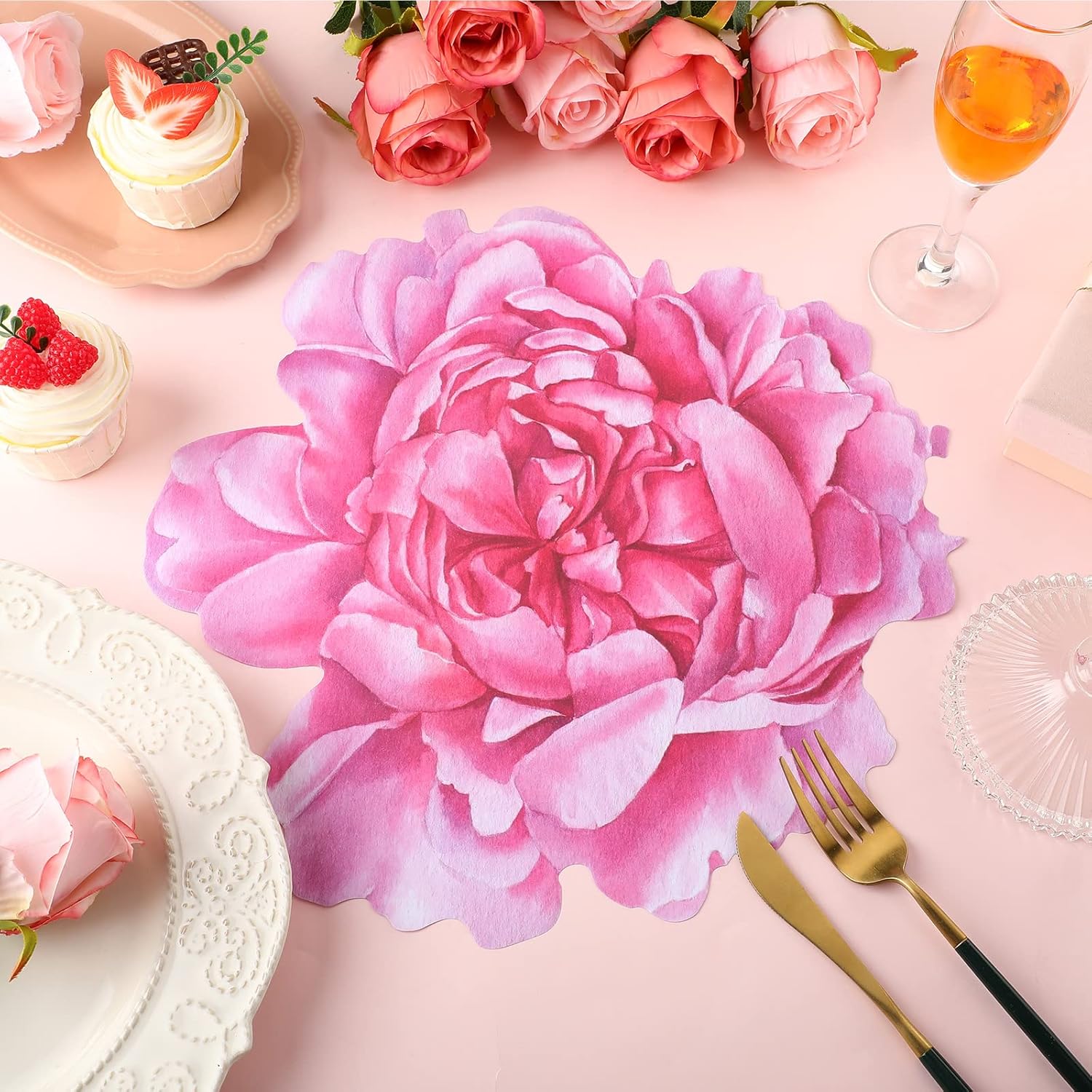 Set of 100 Peony Placemat Pink Floral Place Mats Spring Paper Placemats Disposable for Dining Table Parties Wedding Kitchen Decor Bridal Shower, 13 x 13 Inch
