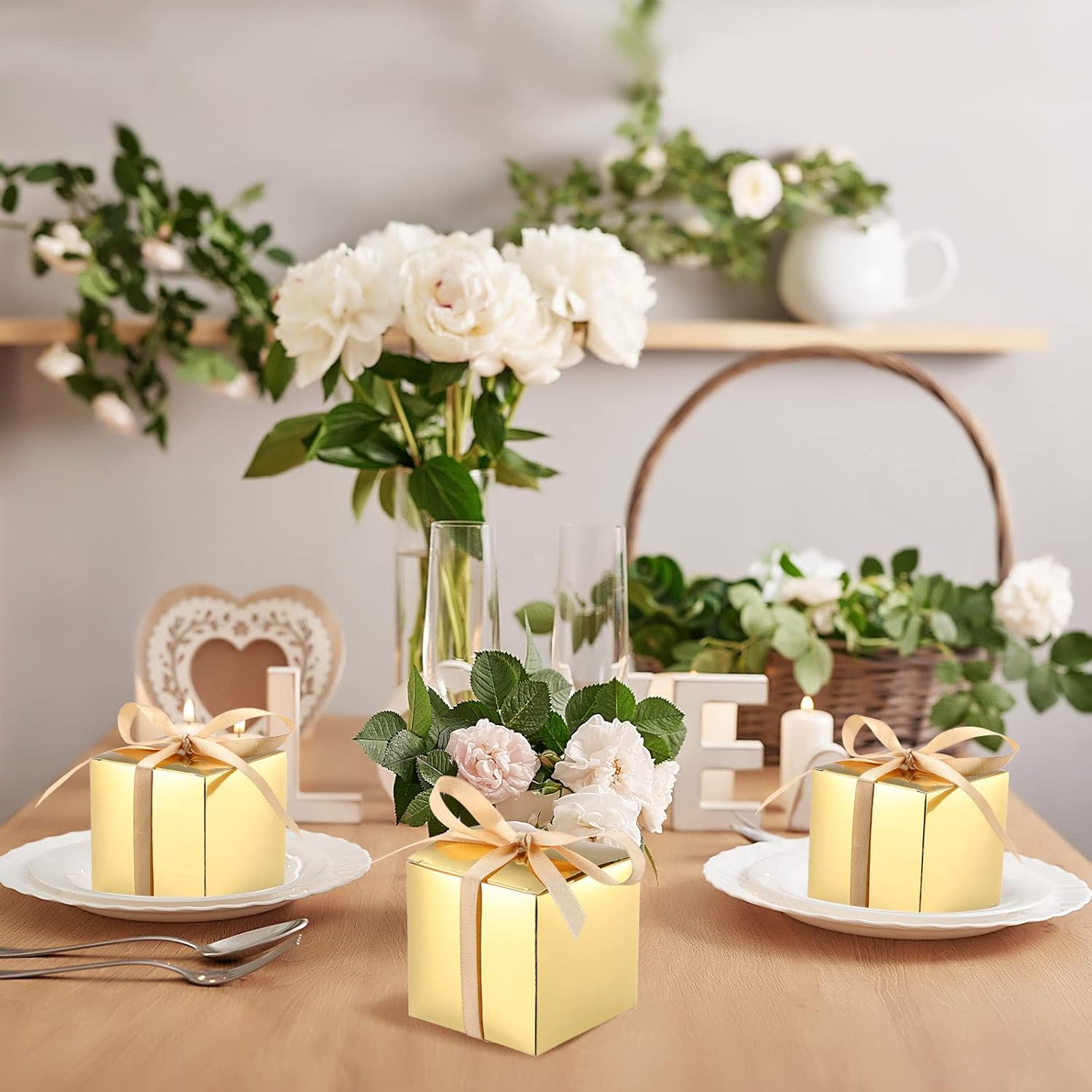 Glenmal 200 Pcs Small Gift Boxes 3 x 3 x 3 Inches Bulk Wedding Favor Candy Boxes with Ribbons Kraft Baby Shower Decorations for Wedding Baby Shower Bridal Shower Birthday Party Gold