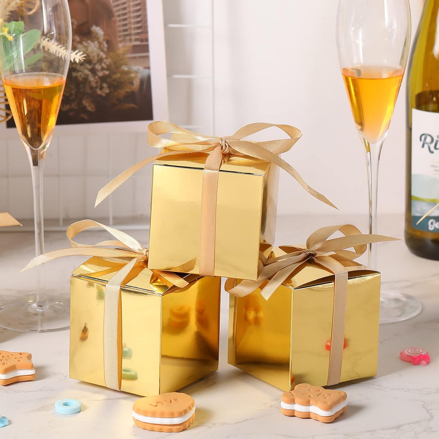 Glenmal 200 Pcs Small Gift Boxes 3 x 3 x 3 Inches Bulk Wedding Favor Candy Boxes with Ribbons Kraft Baby Shower Decorations for Wedding Baby Shower Bridal Shower Birthday Party Gold