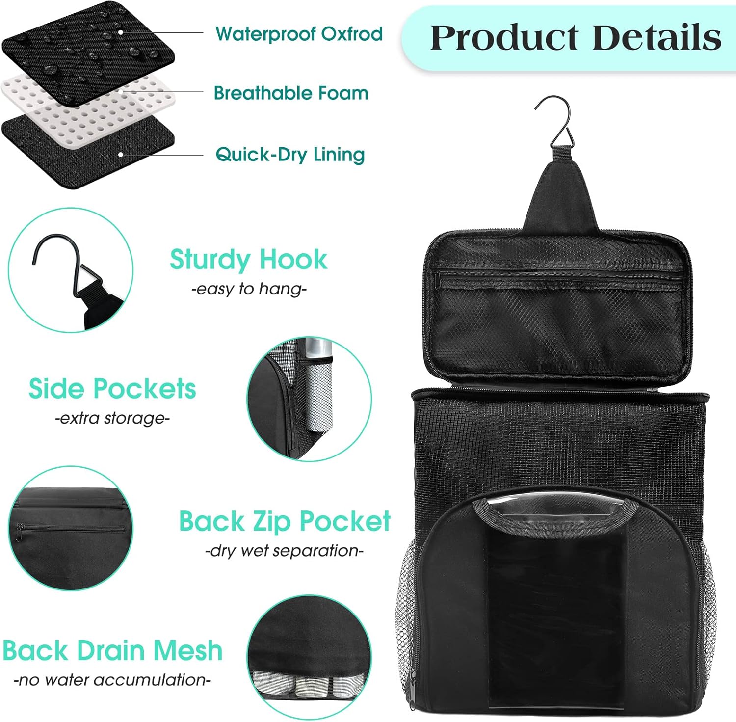 Mesh Shower Caddy Portable Dorm Tote Bag, Quick Dry Hanging Toiletry Bag, Large Capacity Shower Bag for College Dorm Room Essentials for Boys and Girls for Bath Camping Black