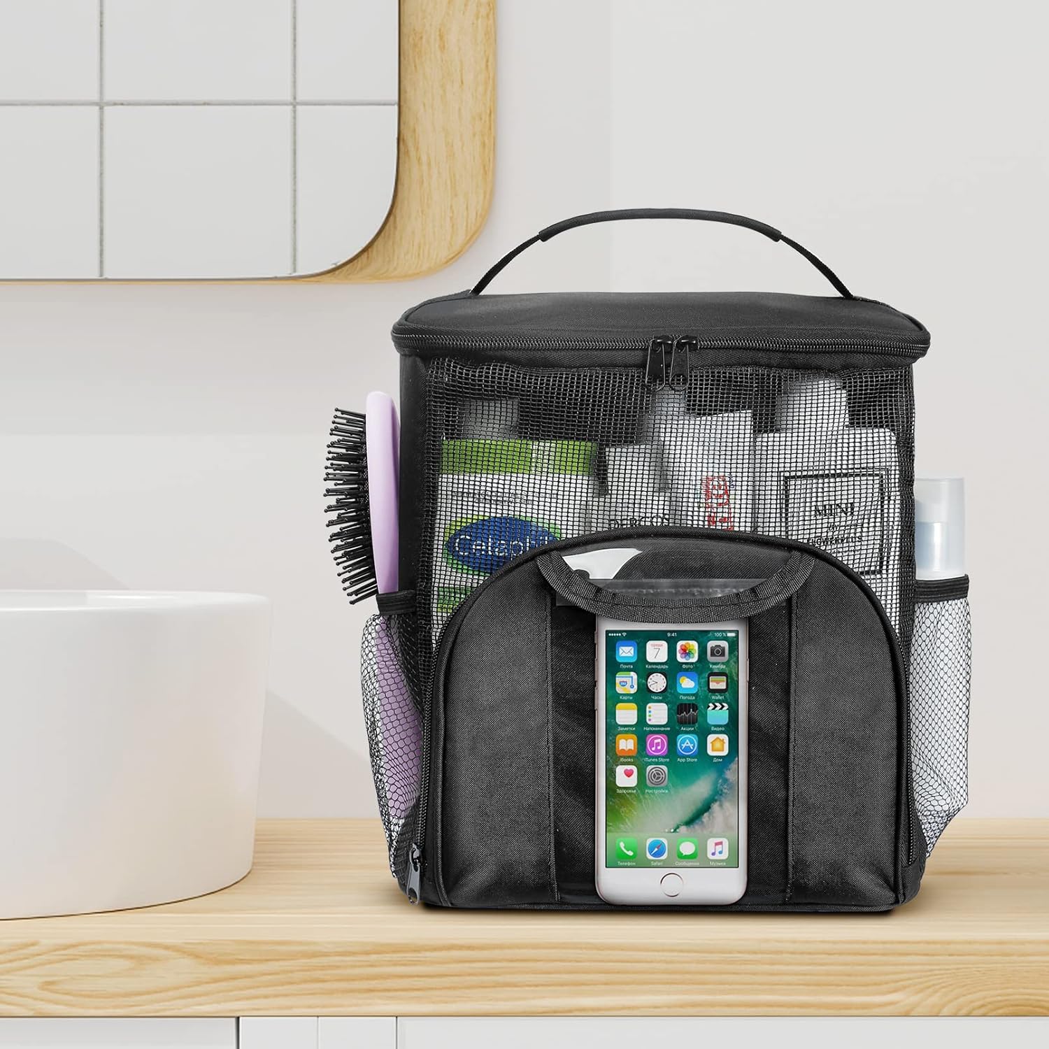 Mesh Shower Caddy Portable Dorm Tote Bag, Quick Dry Hanging Toiletry Bag, Large Capacity Shower Bag for College Dorm Room Essentials for Boys and Girls for Bath Camping Black