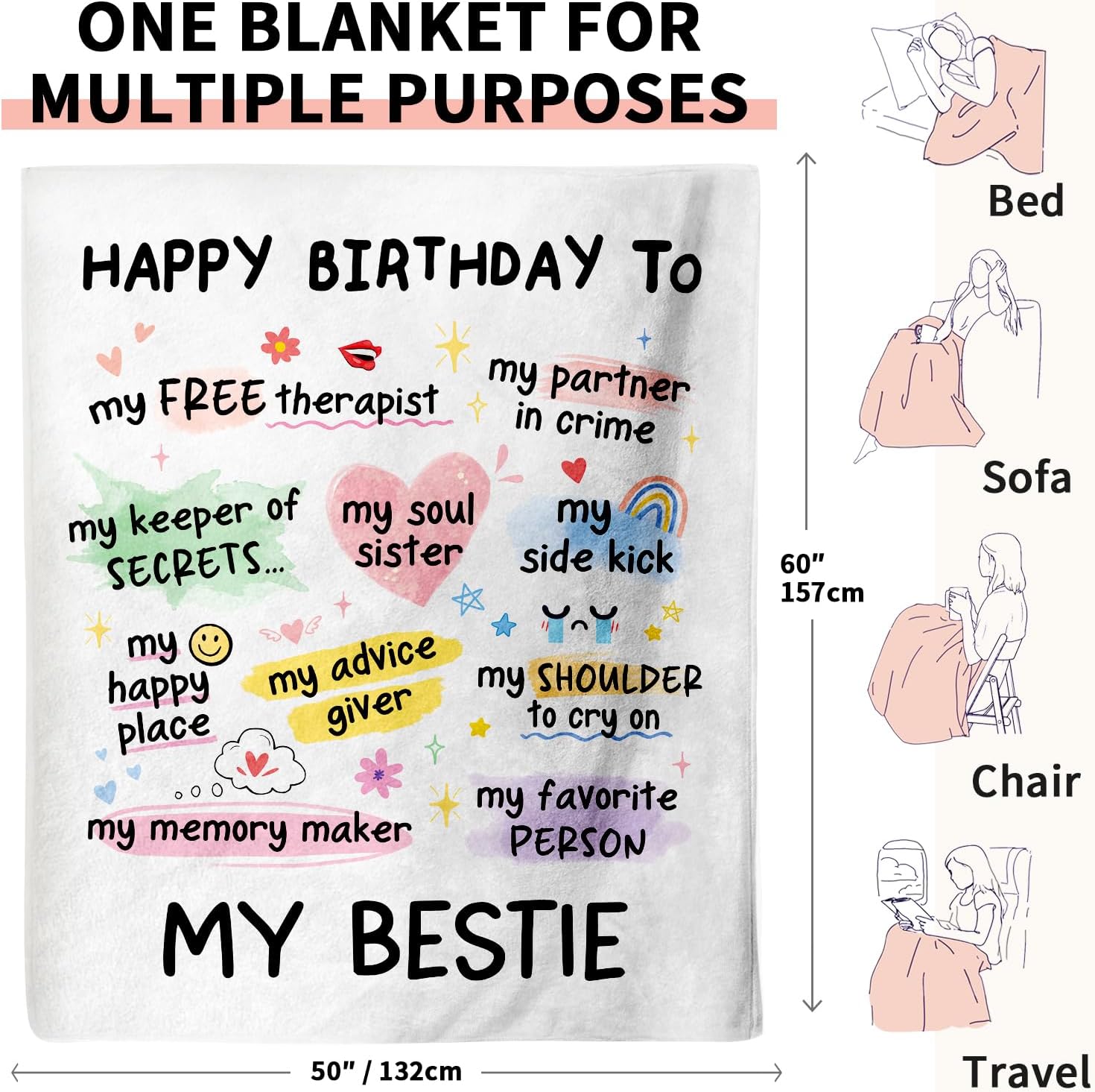 Best Friend Bestie Birthday Gifts for Women, Soft Flannel Blanket, Friend Birthday Gifts for Women Friendship, Happy Bday for Bestie BFF, 50'' x 60''