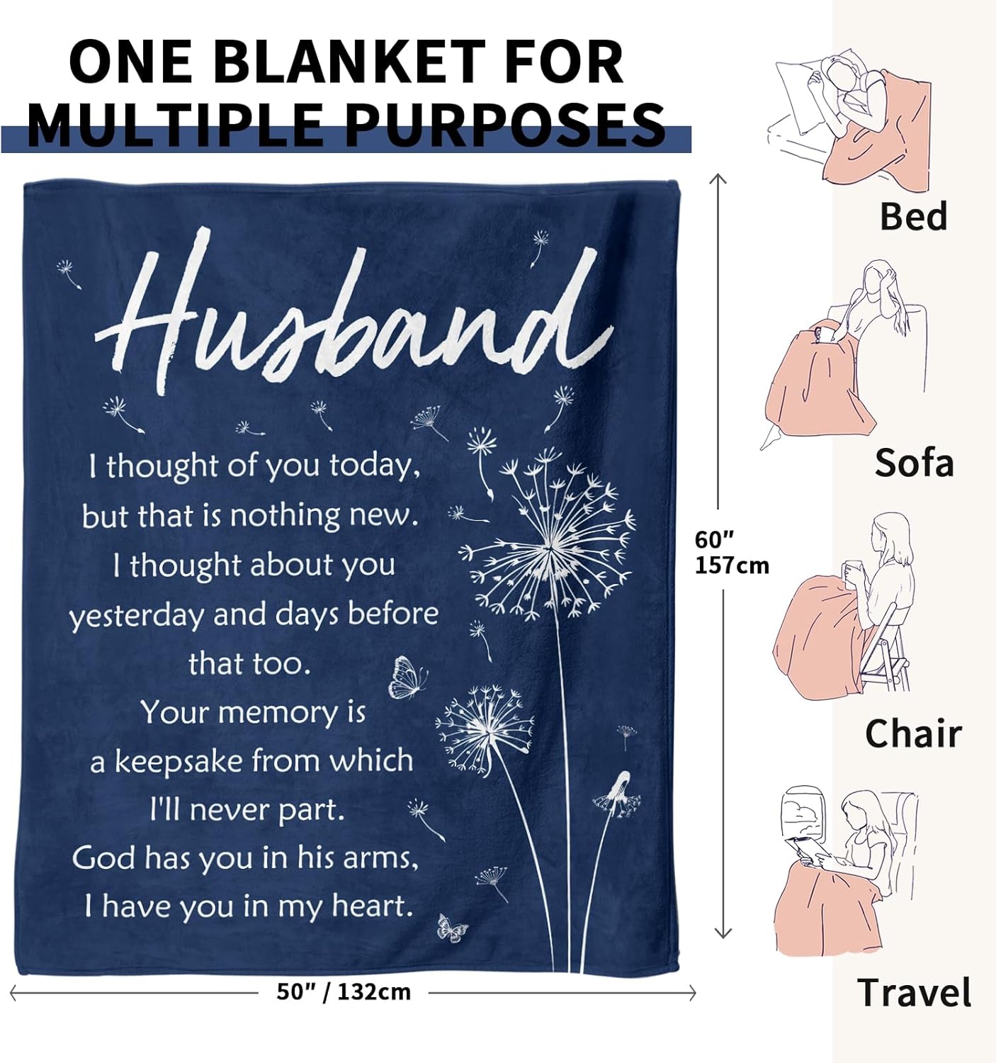 Sympathy Memorial Gifts for Loss of Husband, Soft Flannel Memorial Blanket, Remembrance Condolences Bereavement Gifts Idea in Memory of Husband, 50x60 inches
