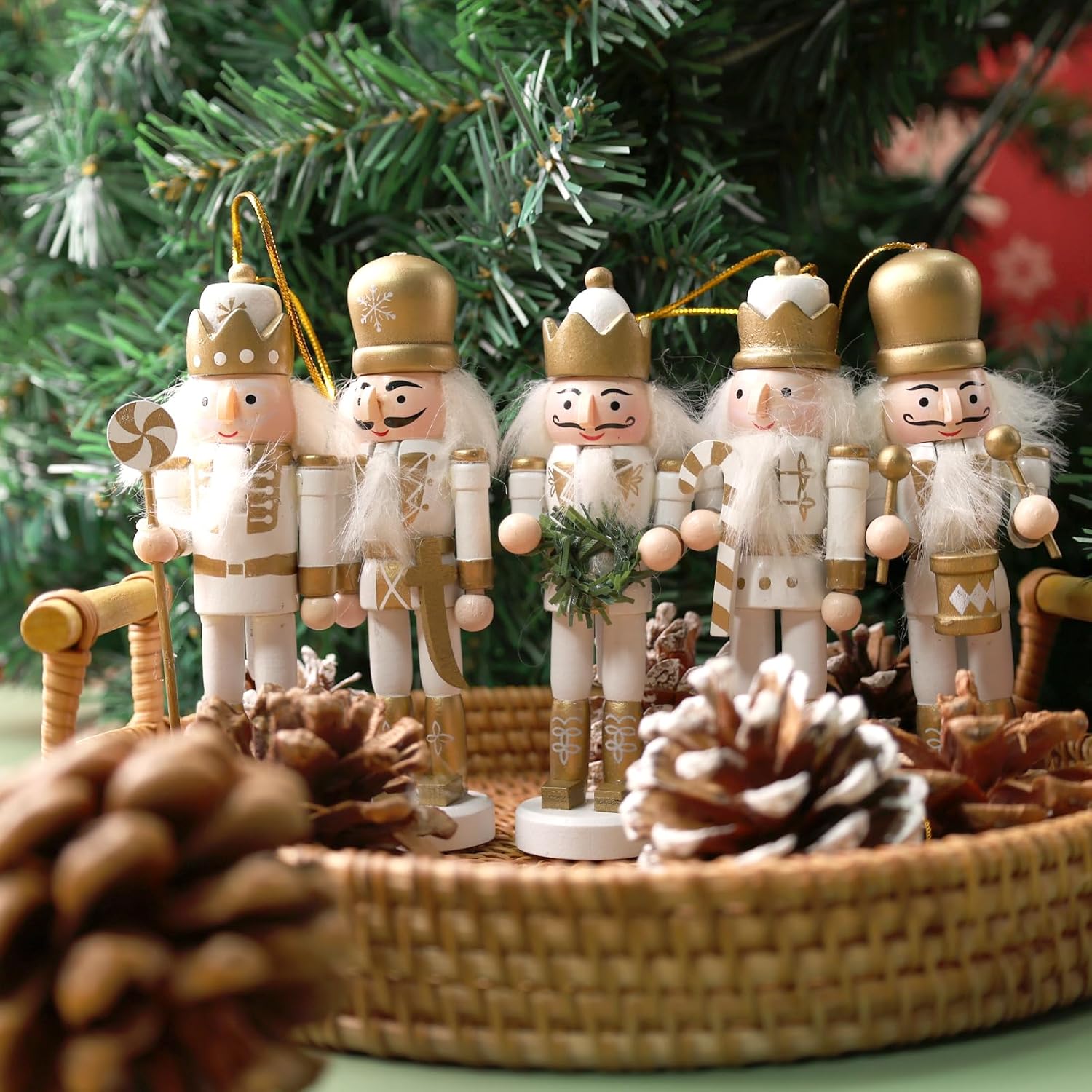 5PCS Nutcracker Christmas Decor, Wooden Nutcracker Hanging Ornaments Soldier for Christmas Tree Gift Shelves Table Decoration 5inch