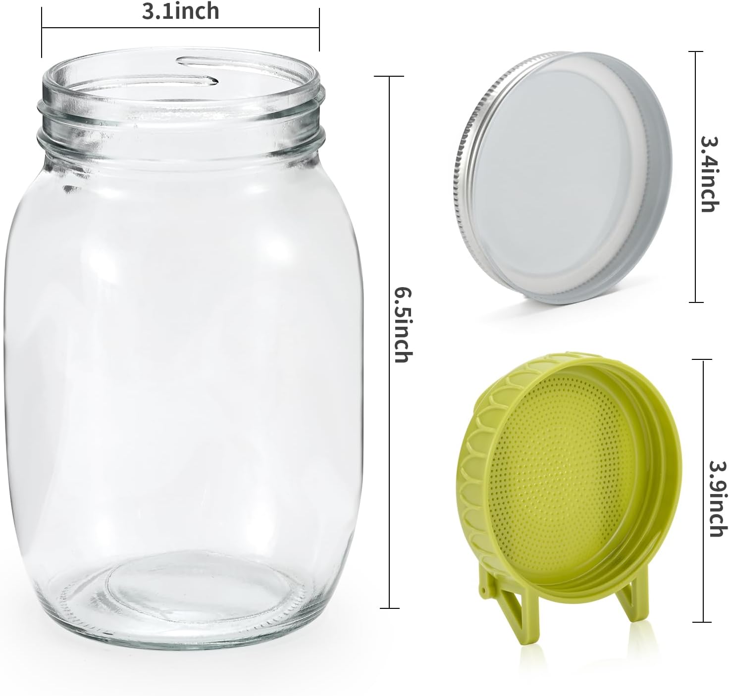 Complete Sprouting Kit - 2 Large Wide-Mouth Mason Jars 32 Oz, 2 Foldalbe Screen Lids with Draining Stand, 2 l Canning Lids, Bean Sprouts Grow Kit for Broccoli alfalfa