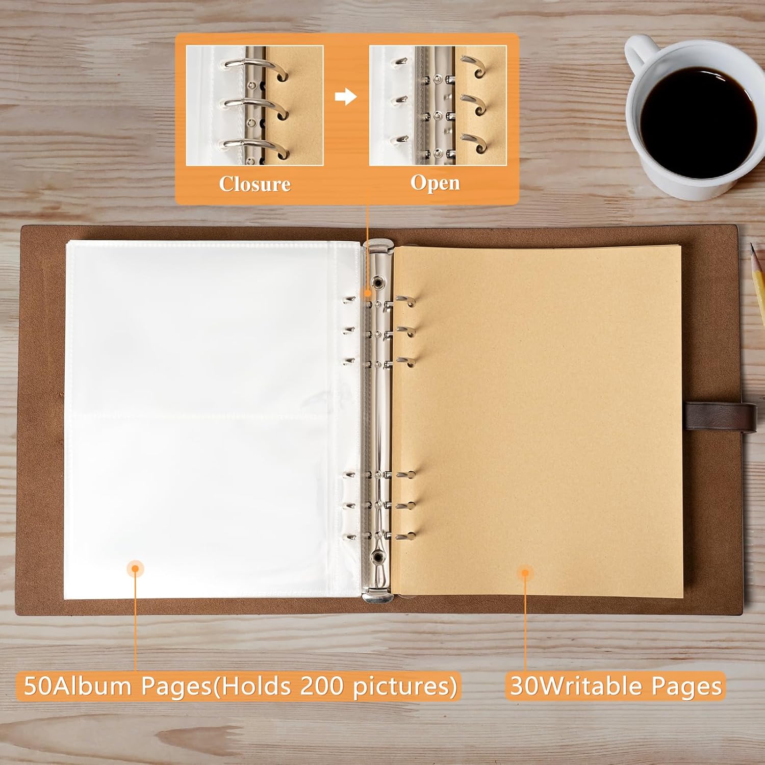 Photo Album 4x6 200 Photos, Genuine Leather Photo Albums with Writing Space with 30 Writing Paper, Travel Family Wedding Kids Graduation Ultrasound Baby Picture Album Scrapbook Photo Album Simple