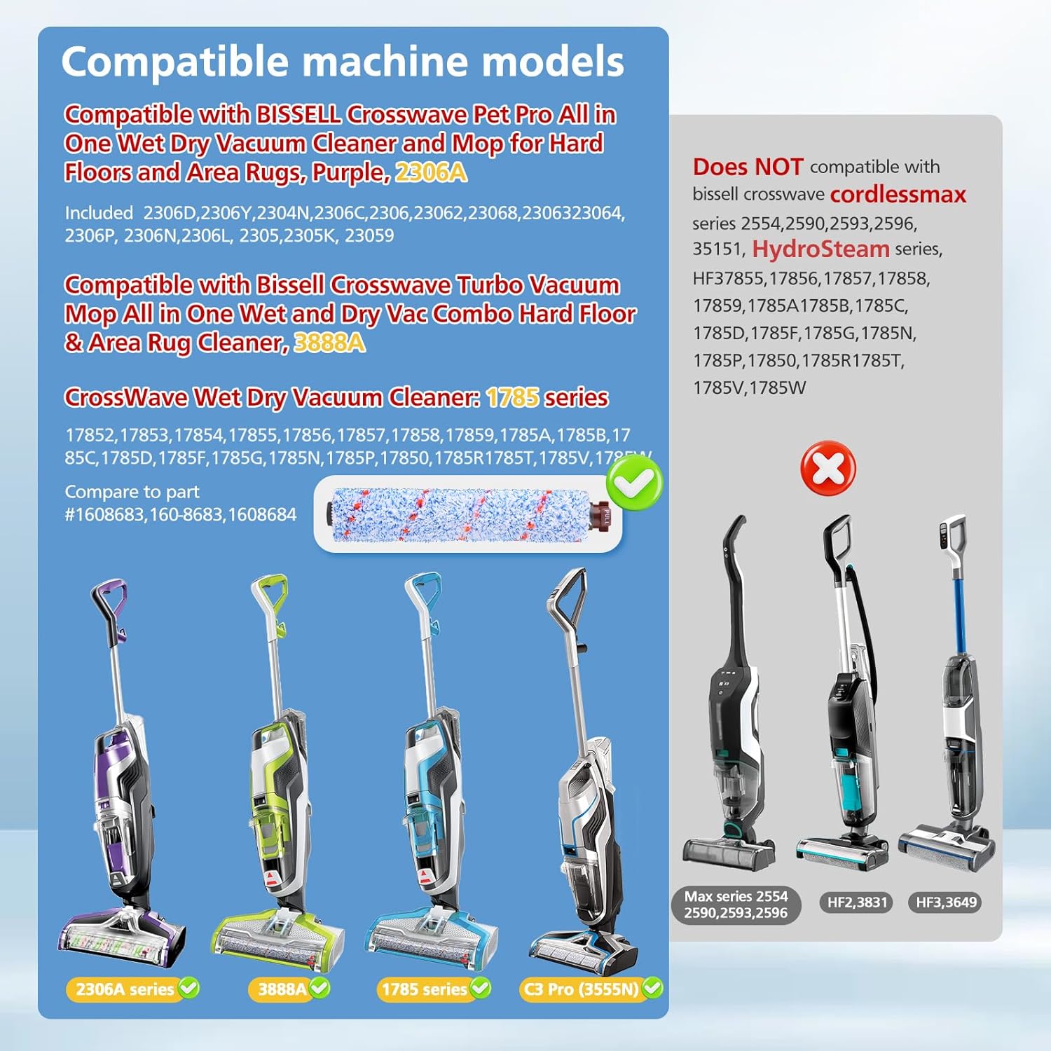 Replacements Compatible with Bissell CrossWave, 3 Multi-Surface Brush Roll 1868 + 3 Vacuum Filter 1866 Vacuum Filter, Compare to Part 1608683, 160-8683, 1608684
