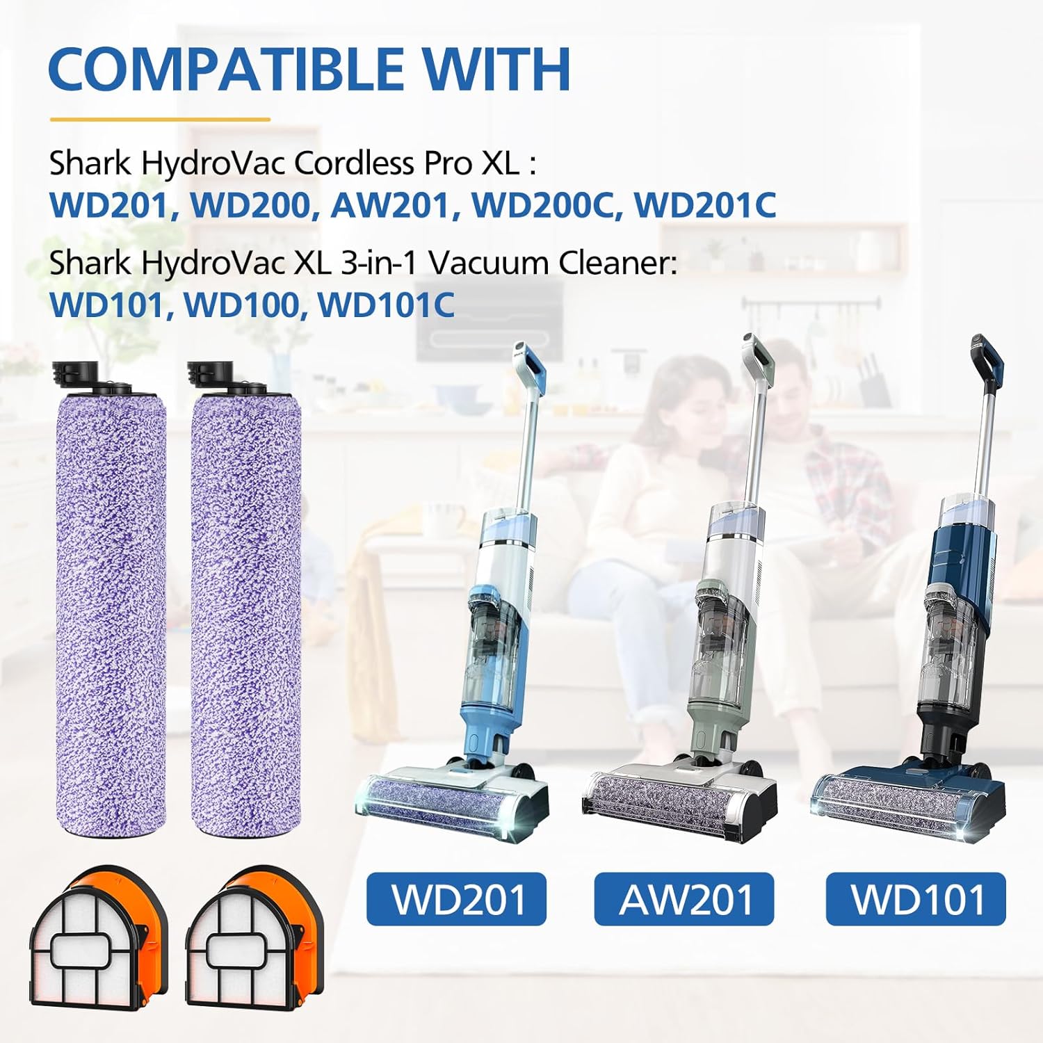 WDB1F2 Replacement Brushroll & Filter Bundle Compatible with Shark Hydrovac WD101 WD201 WD100 WD200 AW201 WD200C WD201C WD101C HydroVac XL 3-in-1 Vacuum Cleaner,Compare Parts WDB1, WDB2, WDFF1, WDFF2
