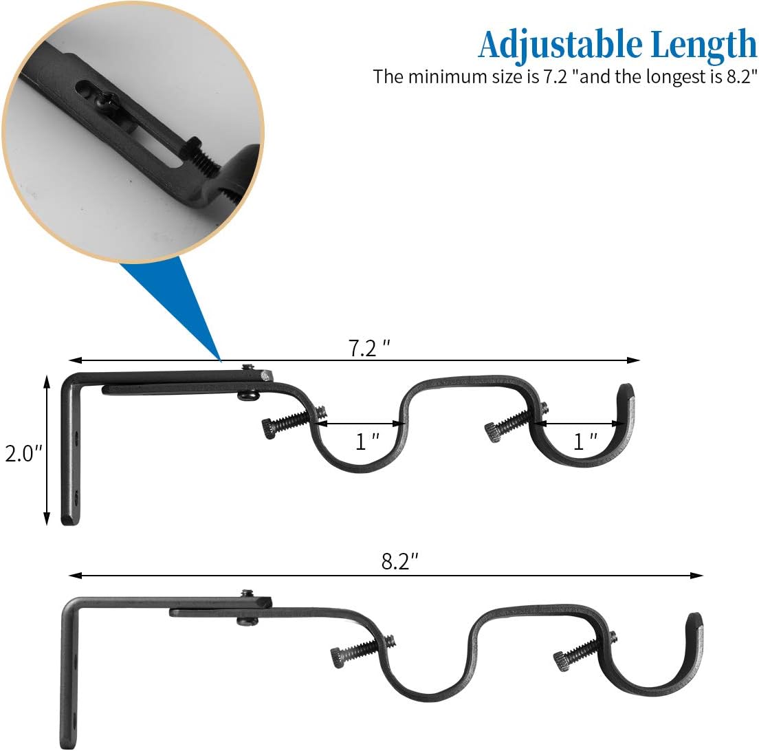 Heavy Duty Curtain Rod Brackets - Adjustable Double Rod Holders, 1 Inch 4 PCS, Black