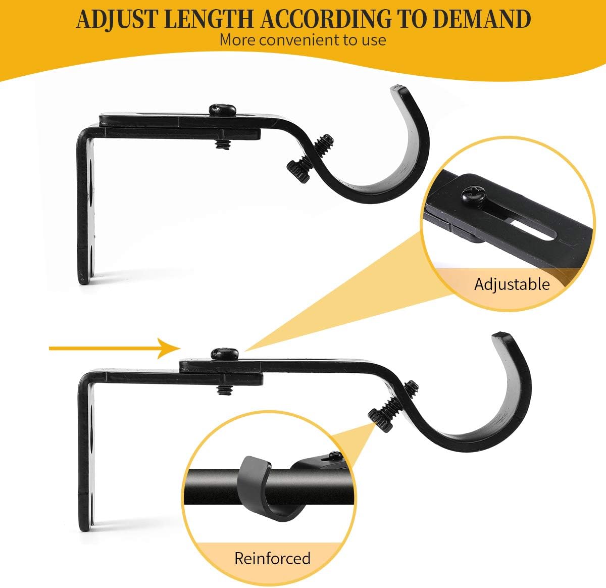 Adjustable 1 Inch Curtain Rod Brackets, Black Iron Wall Mounts, 2 Pack