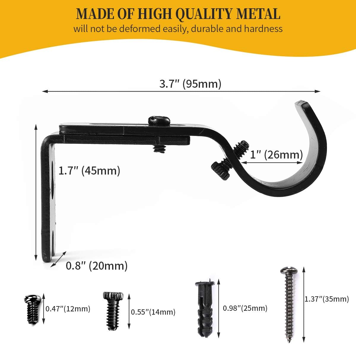 Adjustable 1 Inch Curtain Rod Brackets, Black Iron Wall Mounts, 2 Pack