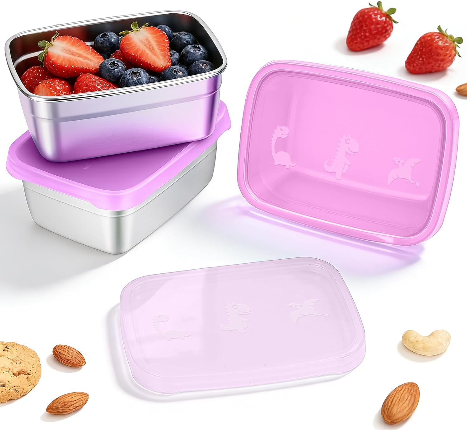 3-Pack Stainless Steel Snack Containers for Kids & Toddlers - 550ml 18oz Leakproof Colorful Lids with Cute Dinosaurs | LFGB Certified, Stackable l Lunch Box for Daycare, School, Travel