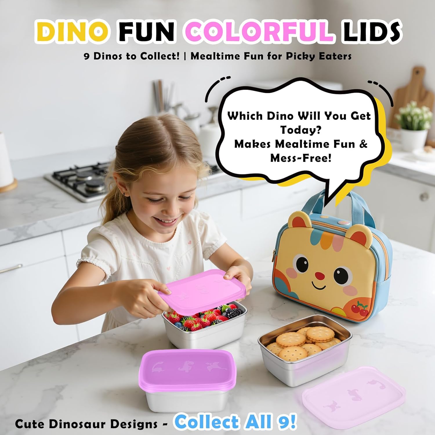 3-Pack Stainless Steel Snack Containers for Kids & Toddlers - 550ml 18oz Leakproof Colorful Lids with Cute Dinosaurs | LFGB Certified, Stackable l Lunch Box for Daycare, School, Travel