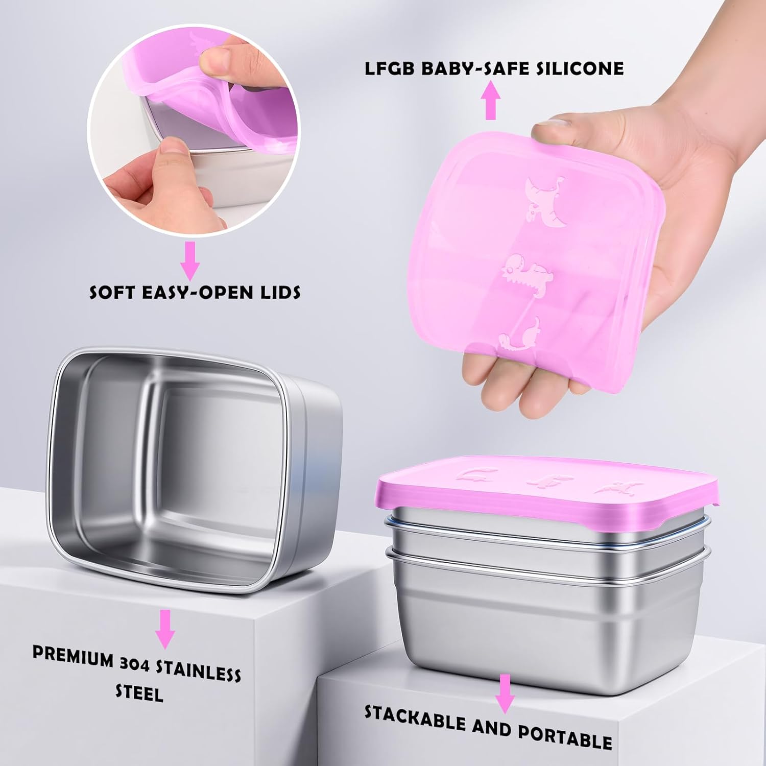 3-Pack Stainless Steel Snack Containers for Kids & Toddlers - 550ml 18oz Leakproof Colorful Lids with Cute Dinosaurs | LFGB Certified, Stackable l Lunch Box for Daycare, School, Travel