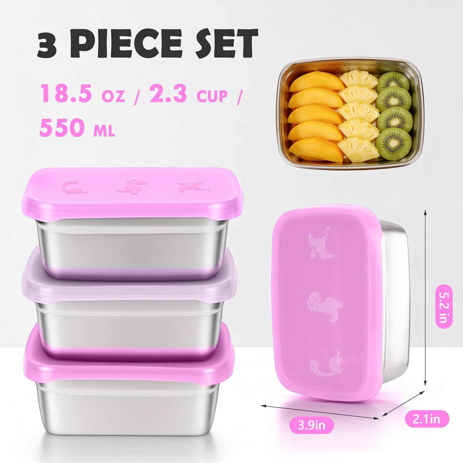 3-Pack Stainless Steel Snack Containers for Kids & Toddlers - 550ml 18oz Leakproof Colorful Lids with Cute Dinosaurs | LFGB Certified, Stackable l Lunch Box for Daycare, School, Travel