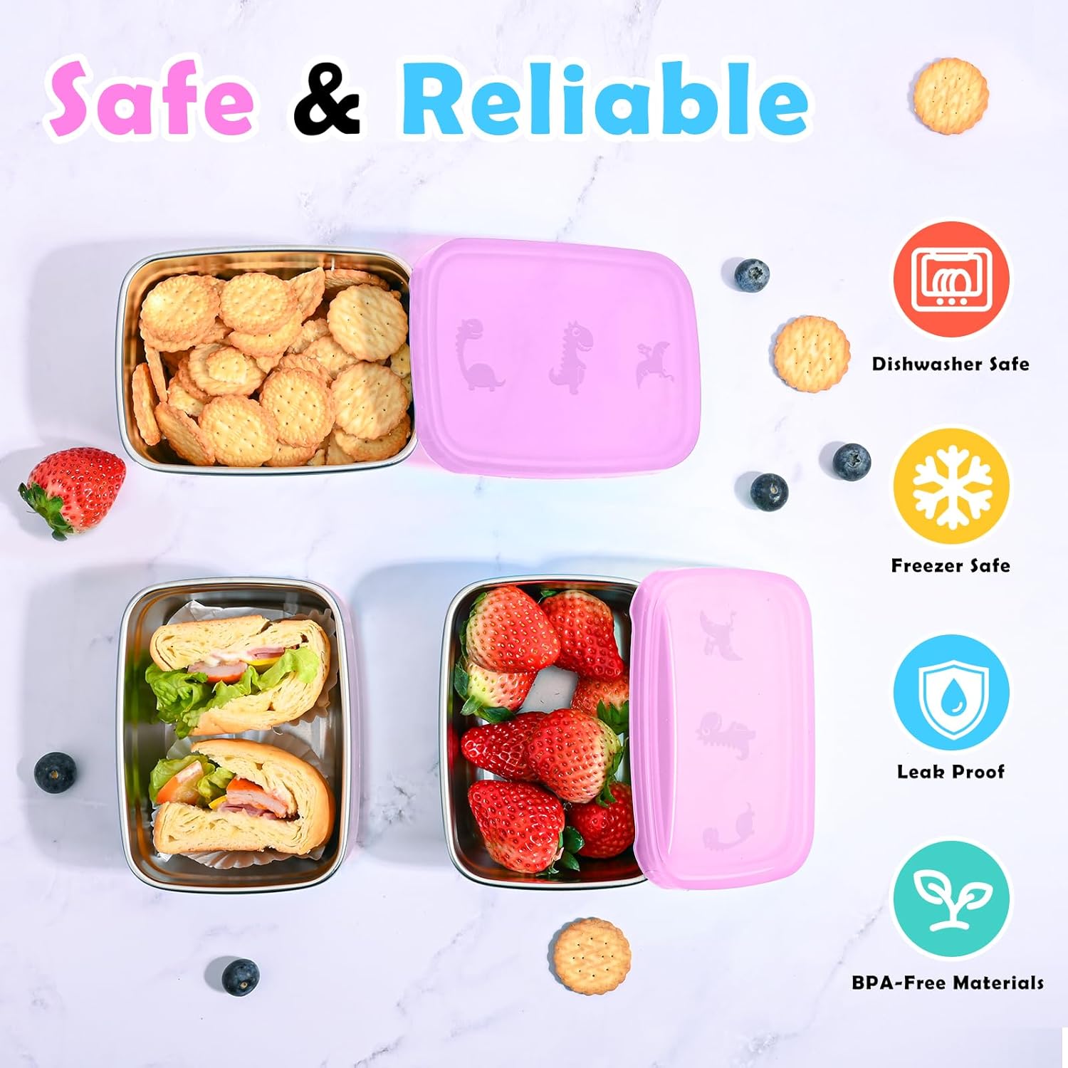 3-Pack Stainless Steel Snack Containers for Kids & Toddlers - 550ml 18oz Leakproof Colorful Lids with Cute Dinosaurs | LFGB Certified, Stackable l Lunch Box for Daycare, School, Travel