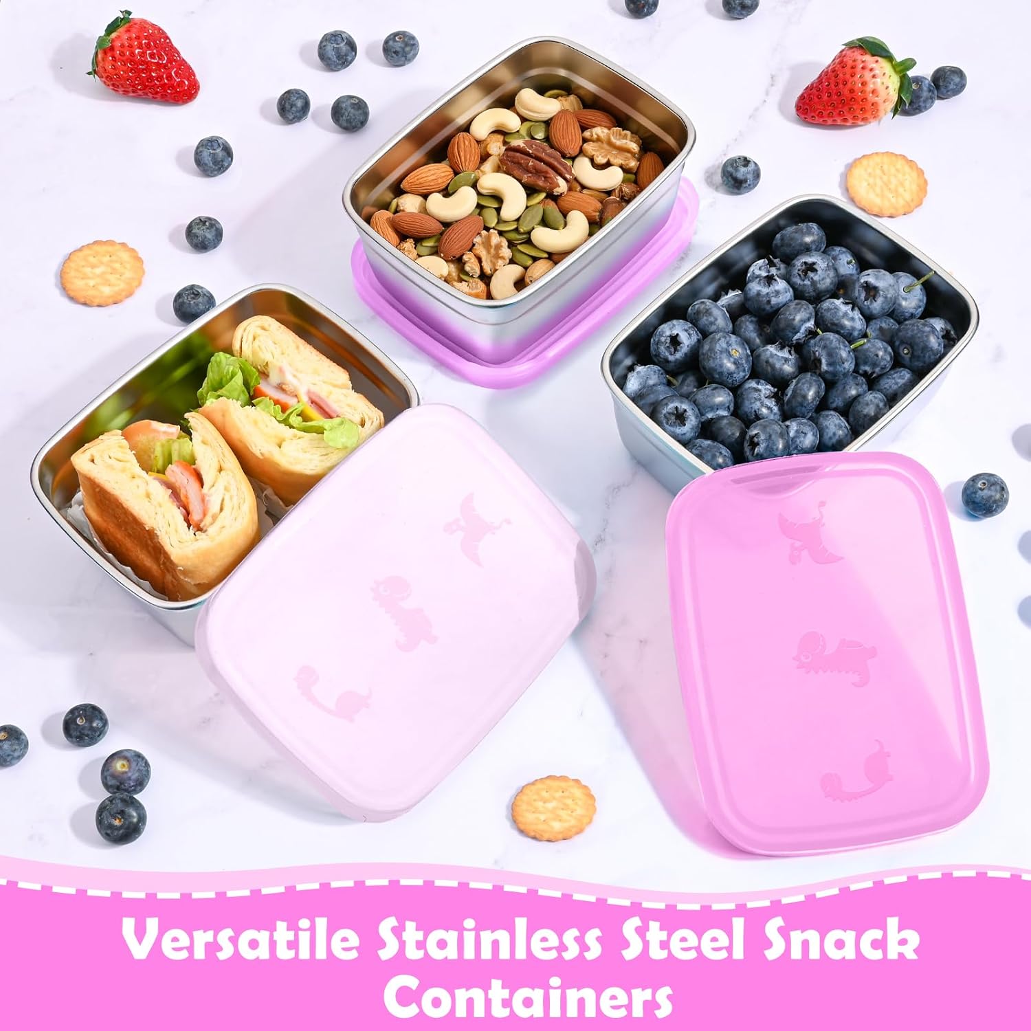 3-Pack Stainless Steel Snack Containers for Kids & Toddlers - 550ml 18oz Leakproof Colorful Lids with Cute Dinosaurs | LFGB Certified, Stackable l Lunch Box for Daycare, School, Travel