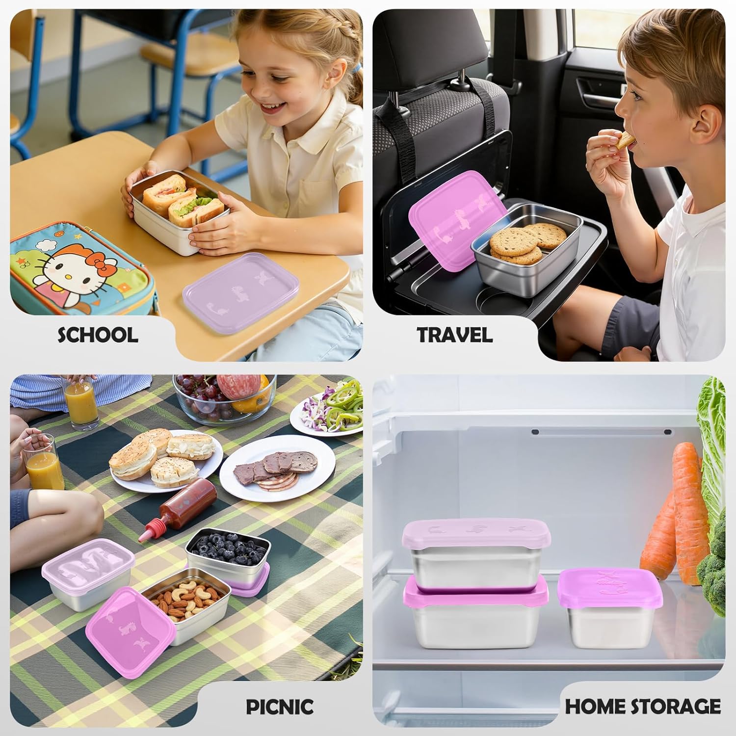 3-Pack Stainless Steel Snack Containers for Kids & Toddlers - 550ml 18oz Leakproof Colorful Lids with Cute Dinosaurs | LFGB Certified, Stackable l Lunch Box for Daycare, School, Travel