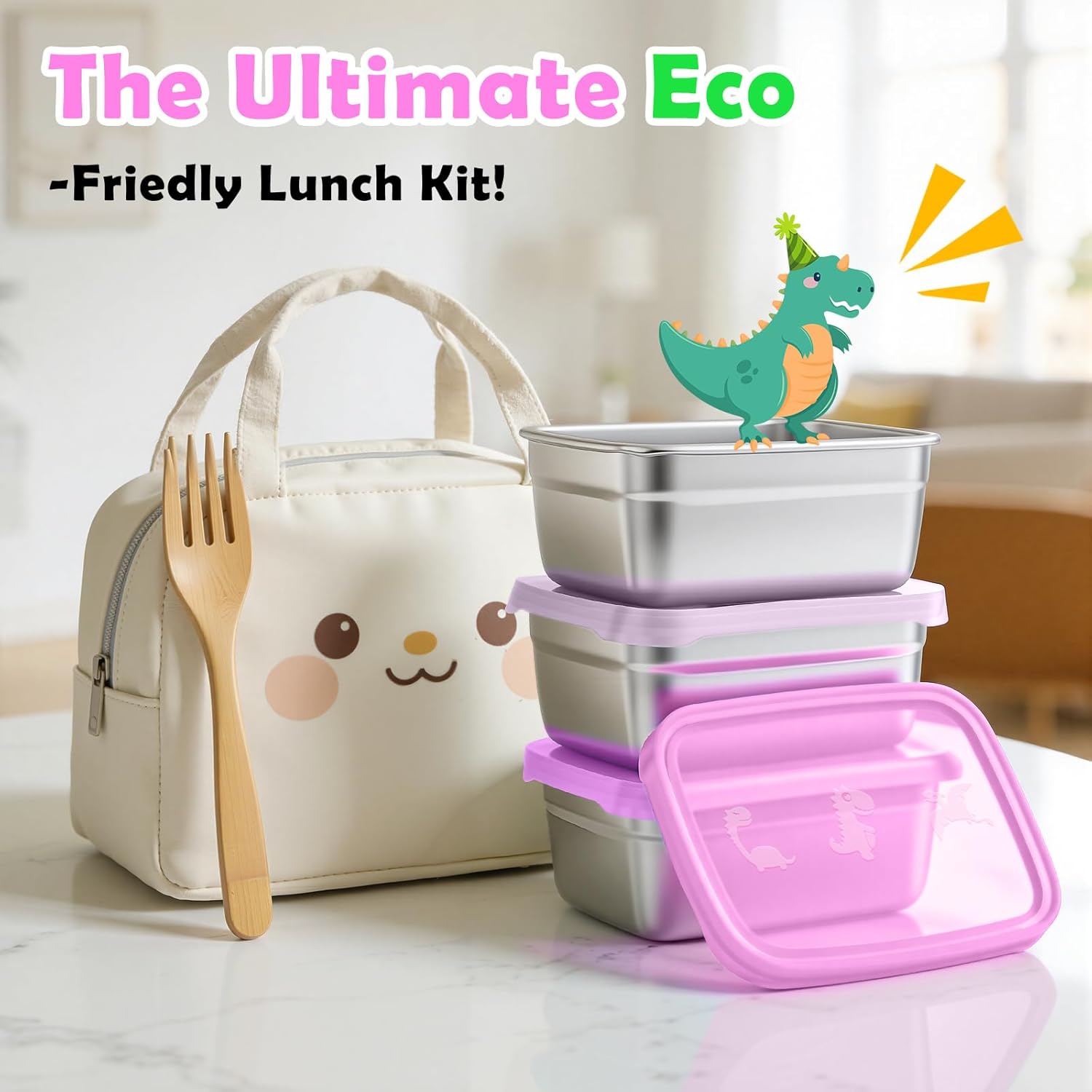 3-Pack Stainless Steel Snack Containers for Kids & Toddlers - 550ml 18oz Leakproof Colorful Lids with Cute Dinosaurs | LFGB Certified, Stackable l Lunch Box for Daycare, School, Travel