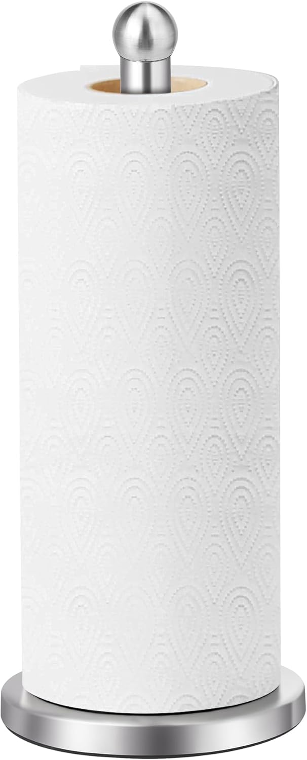Paper Towel Holder Countertop, Paper Towel Holder with Solid Weighted Base, for Standard and Large Size Rolls Silver