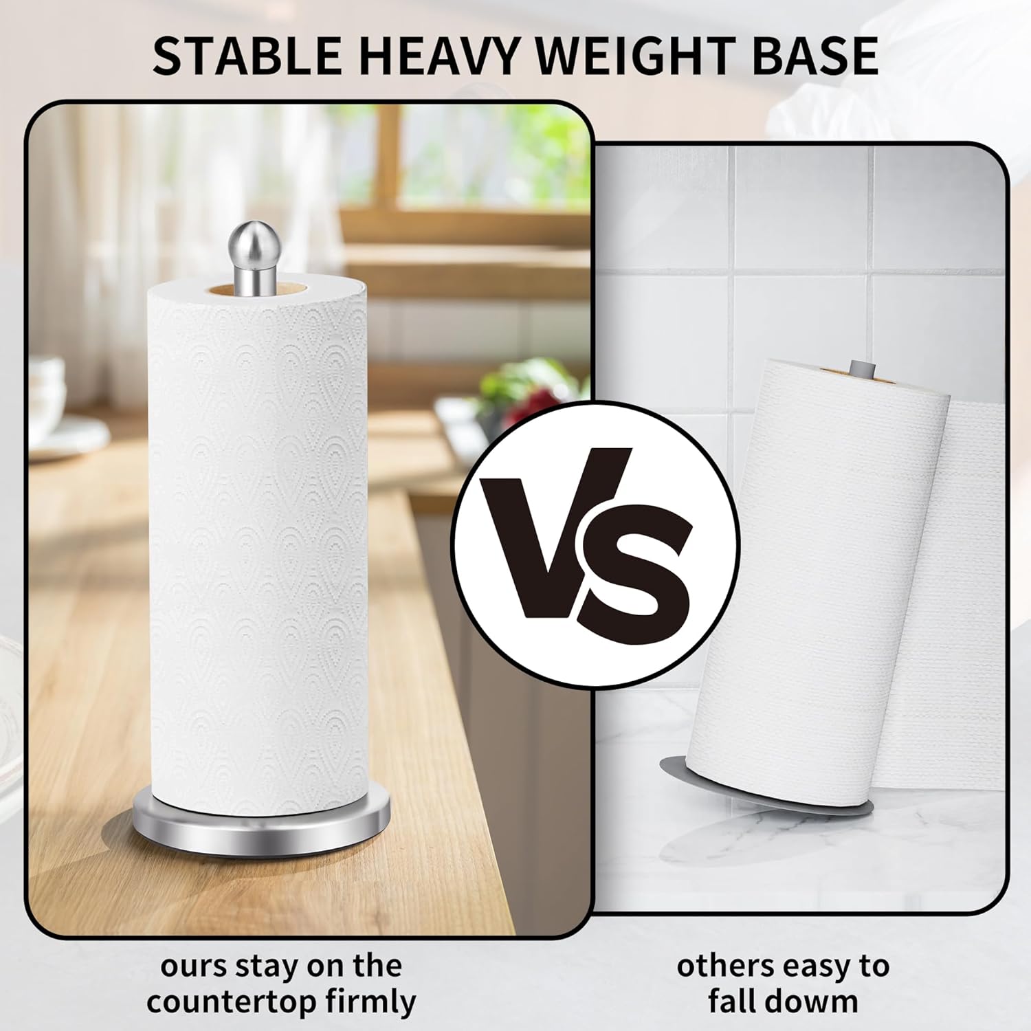 Paper Towel Holder Countertop, Paper Towel Holder with Solid Weighted Base, for Standard and Large Size Rolls Silver