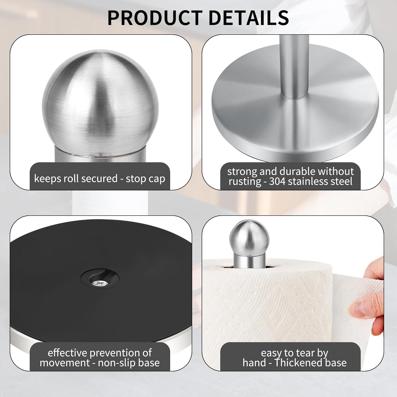 Paper Towel Holder Countertop, Paper Towel Holder with Solid Weighted Base, for Standard and Large Size Rolls Silver