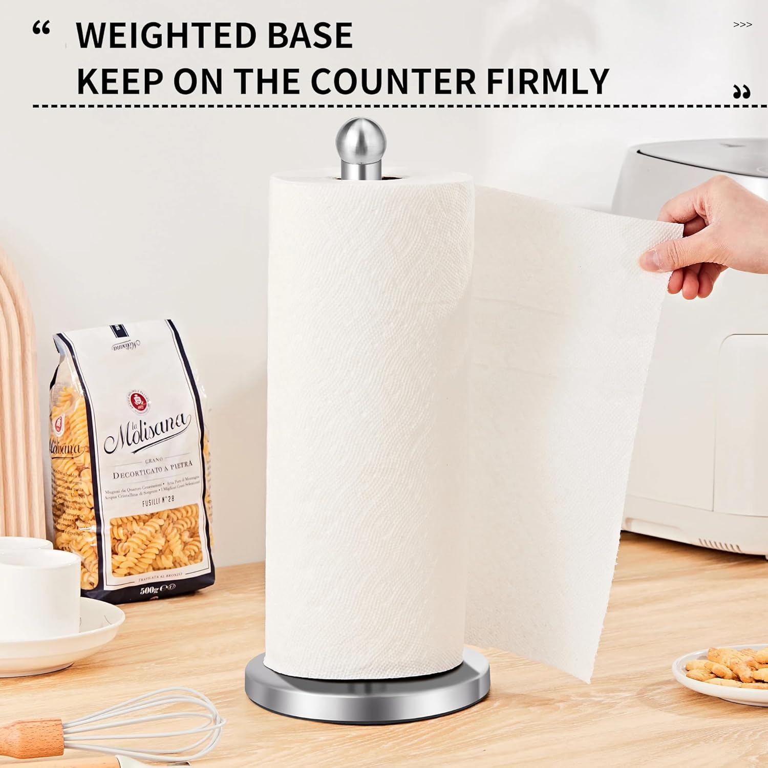 Paper Towel Holder Countertop, Paper Towel Holder with Solid Weighted Base, for Standard and Large Size Rolls Silver