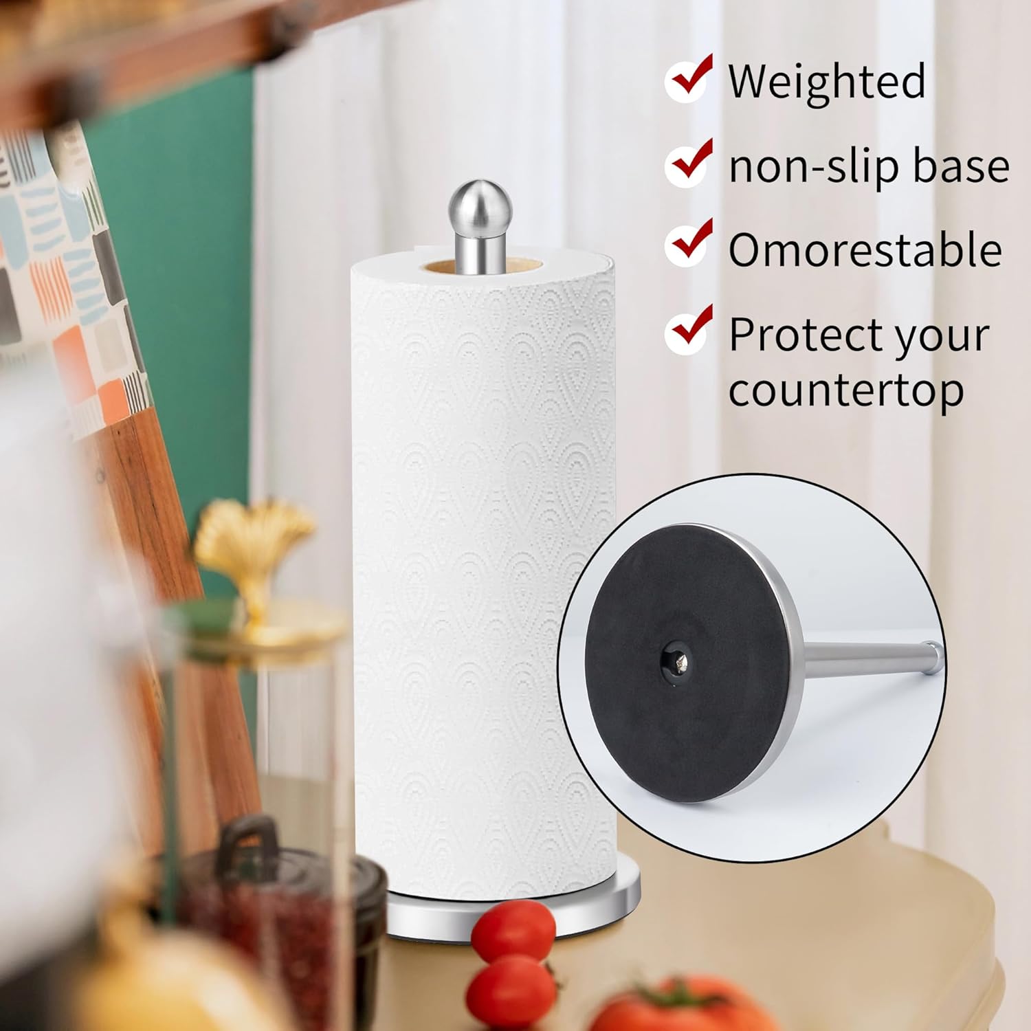 Paper Towel Holder Countertop, Paper Towel Holder with Solid Weighted Base, for Standard and Large Size Rolls Silver