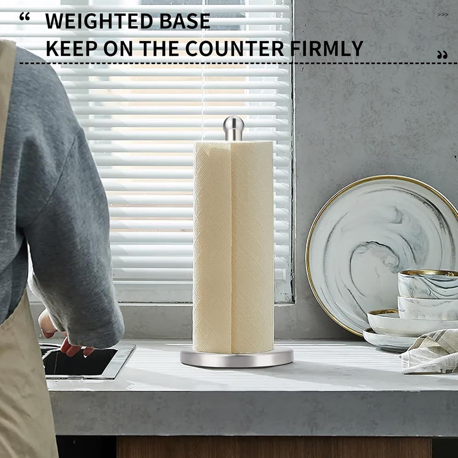 Paper Towel Holder Countertop, Paper Towel Holder with Solid Weighted Base, for Standard and Large Size Rolls Silver