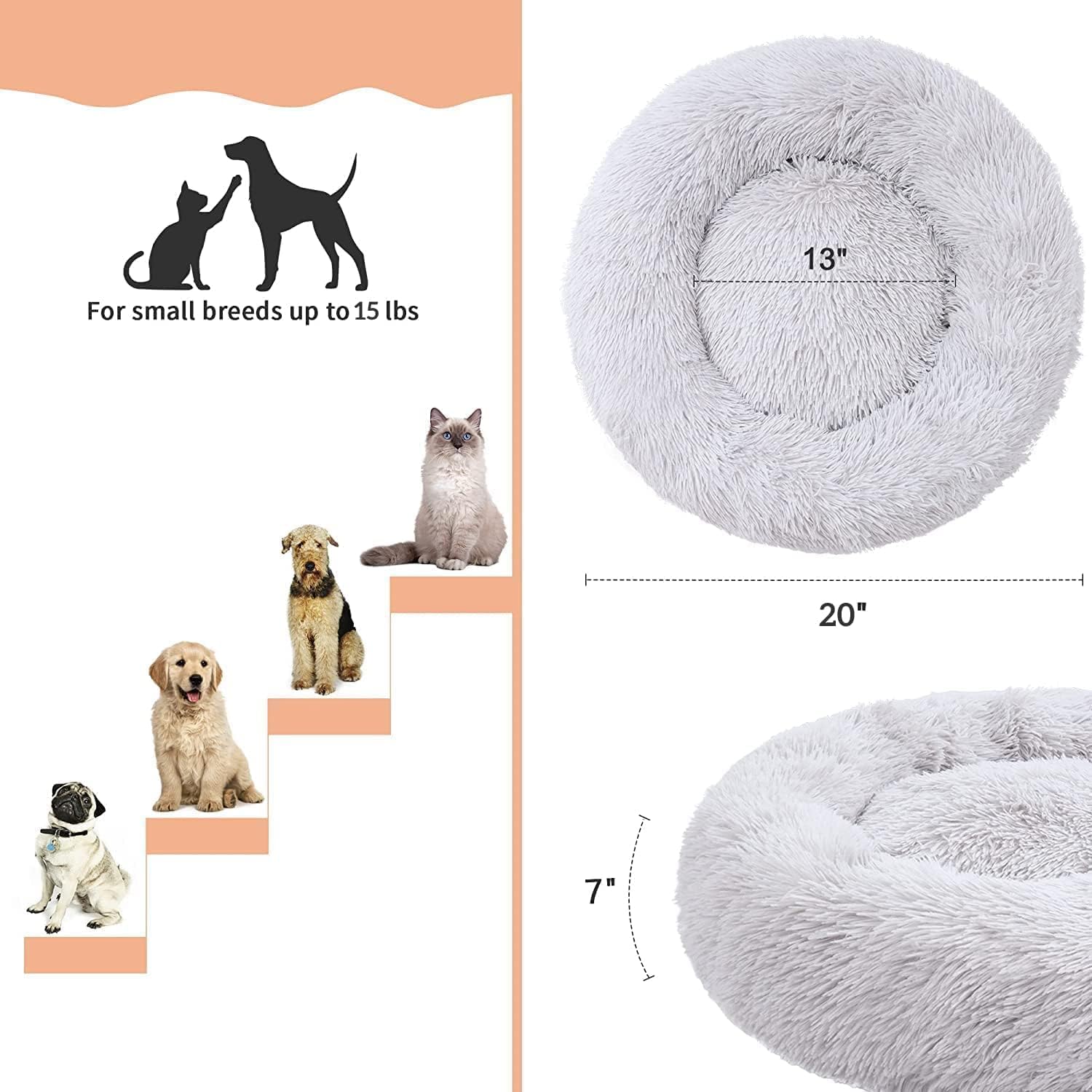 Cat Beds for Indoor Cats - Cat Bed Washable 20 inches, Dog Beds for Small Medium Dogs, Anti Anxiety Round Fluffy Plush Faux Fur Pet Bed, Thick Bottom Medium, Light Grey