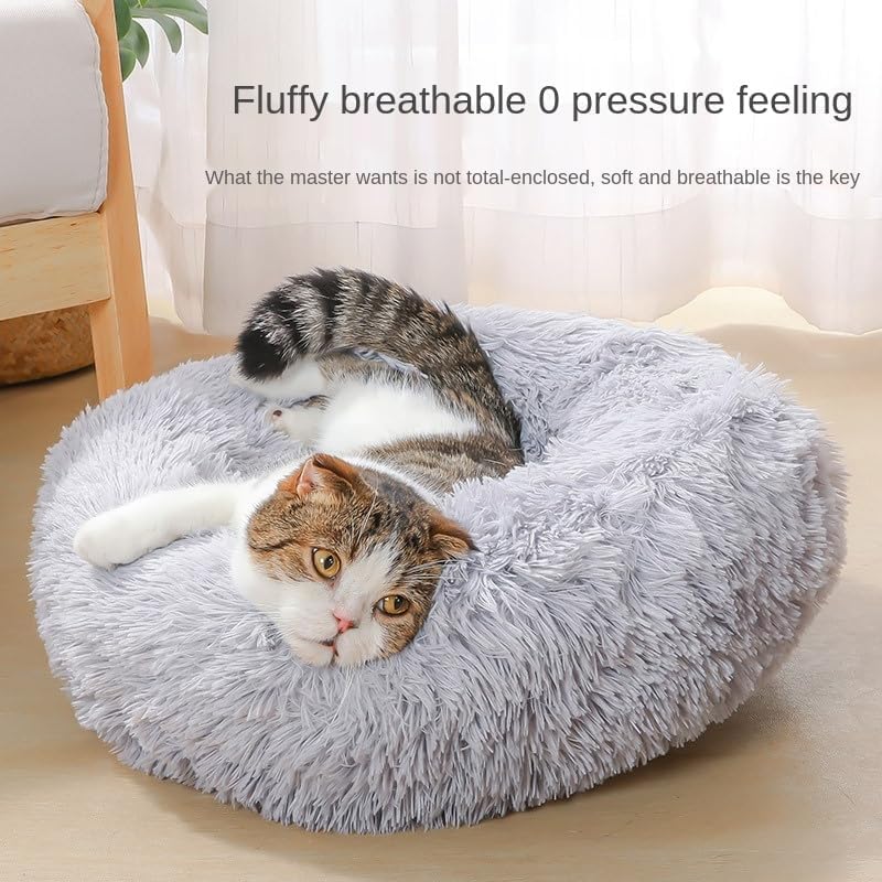 Cat Beds for Indoor Cats - Cat Bed Washable 20 inches, Dog Beds for Small Medium Dogs, Anti Anxiety Round Fluffy Plush Faux Fur Pet Bed, Thick Bottom Medium, Light Grey