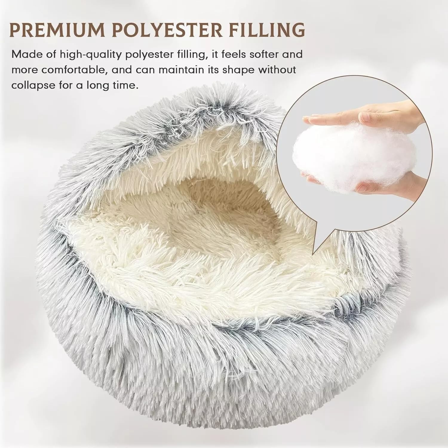 Cat Bed Round Fluffy Hooded Cat Bed Cave, Anti-Anxiety Cave Bed with Hooded Blanket, Cozy Cuddler Luxury Puppy Pet Bed, Anti-Slip Bottom and Machine Washable Grey, Medium