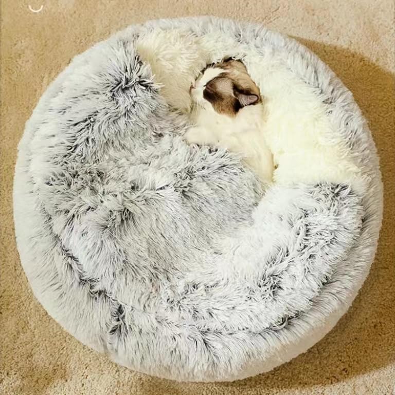 Cat Bed Round Fluffy Hooded Cat Bed Cave, Anti-Anxiety Cave Bed with Hooded Blanket, Cozy Cuddler Luxury Puppy Pet Bed, Anti-Slip Bottom and Machine Washable Grey, Medium