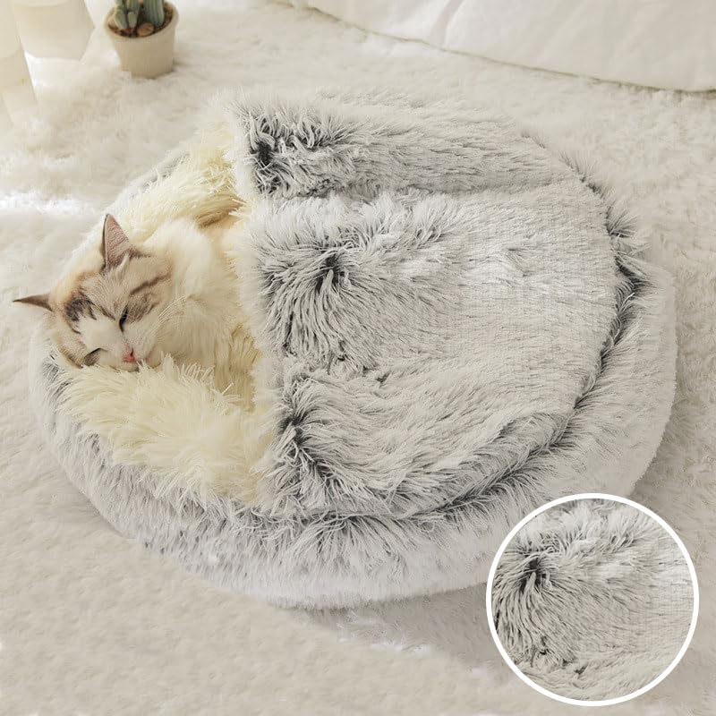 Cat Bed Round Fluffy Hooded Cat Bed Cave, Anti-Anxiety Cave Bed with Hooded Blanket, Cozy Cuddler Luxury Puppy Pet Bed, Anti-Slip Bottom and Machine Washable Grey, Medium