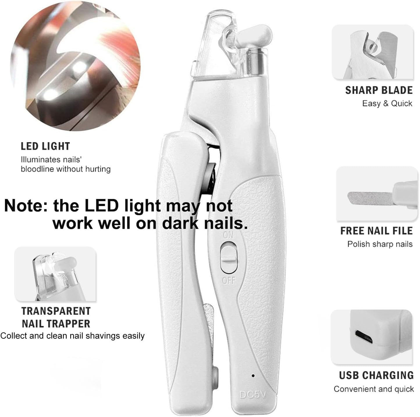 Pet Nail Clipper with LED Light for Dogs & Cats, Rechargeable Nails & Claws Trimmer, Professional Grooming Tool with Nail Trapper & Free Nail File, Quick-Sensor Razor Sharp Blades, White