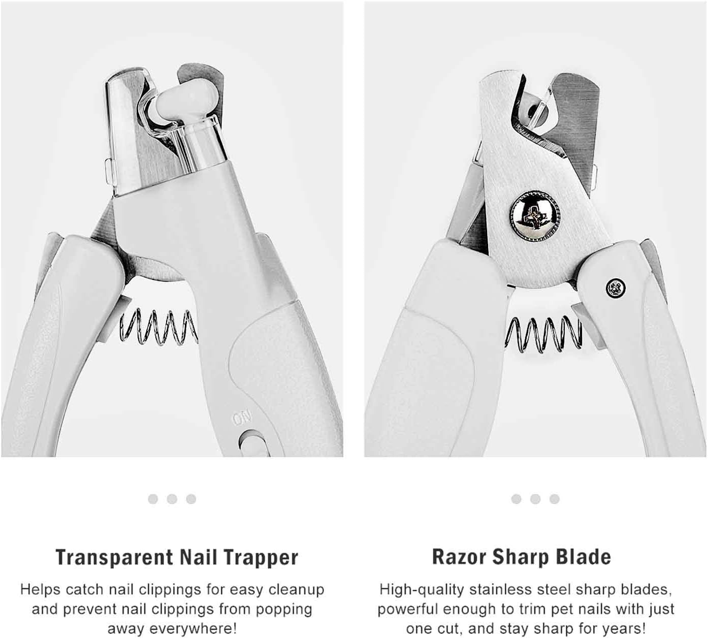 Pet Nail Clipper with LED Light for Dogs & Cats, Rechargeable Nails & Claws Trimmer, Professional Grooming Tool with Nail Trapper & Free Nail File, Quick-Sensor Razor Sharp Blades, White