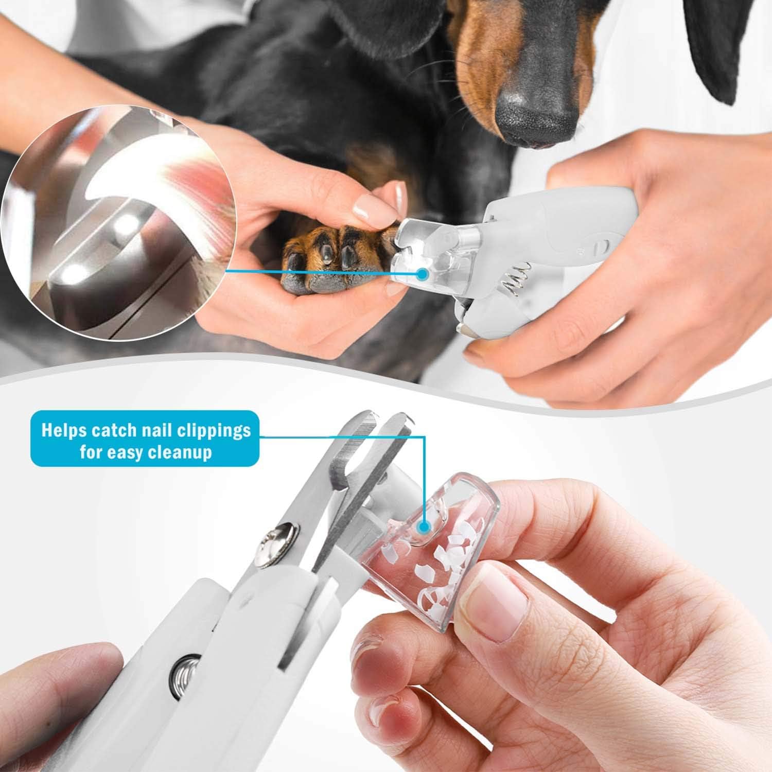 Pet Nail Clipper with LED Light for Dogs & Cats, Rechargeable Nails & Claws Trimmer, Professional Grooming Tool with Nail Trapper & Free Nail File, Quick-Sensor Razor Sharp Blades, White