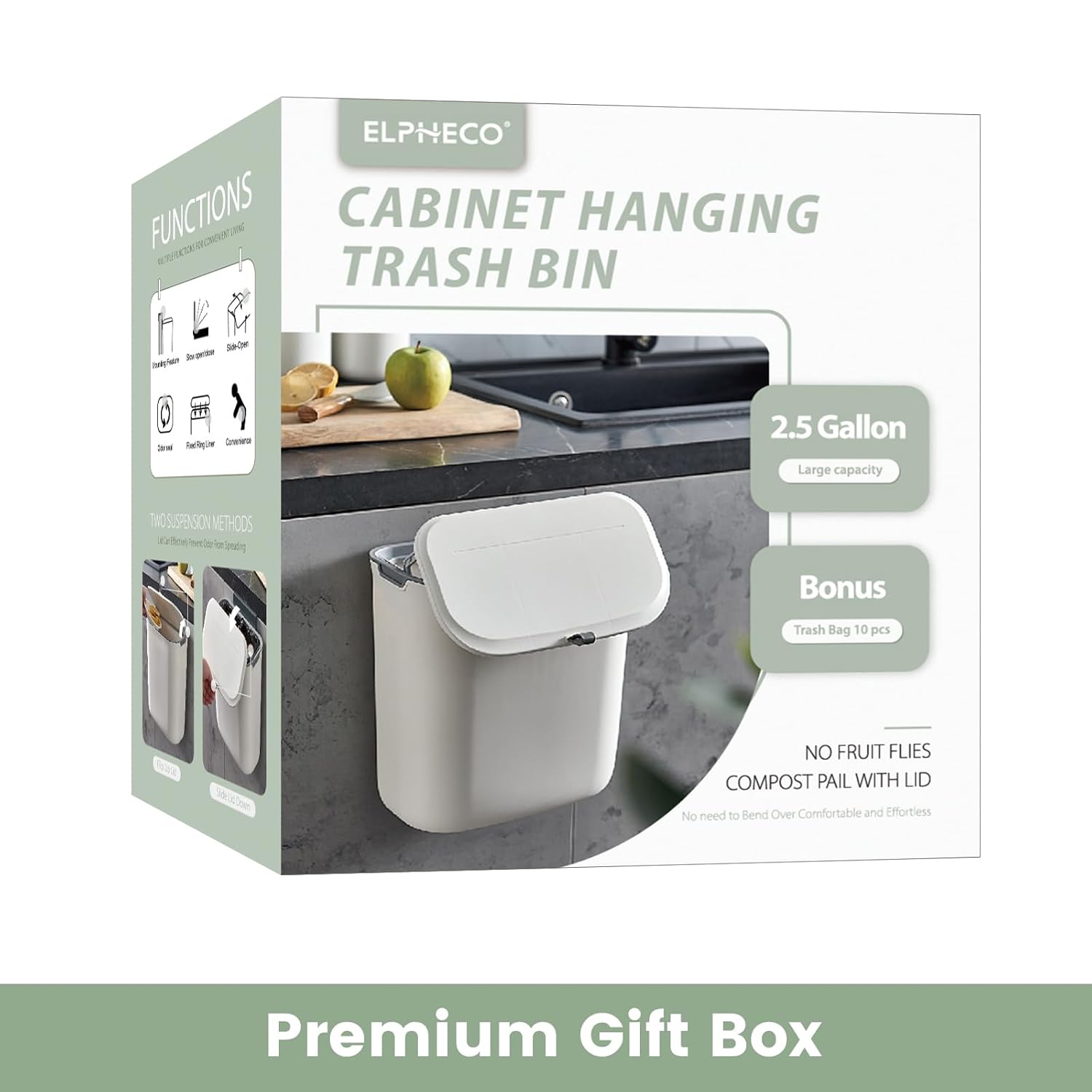 Compost Bin, 2.5 Gallon Hanging Trash Can with Lid, Kitchen Cabinet Door Under Sink Plastic Garbage Can Wall Mounted Slide Open, White