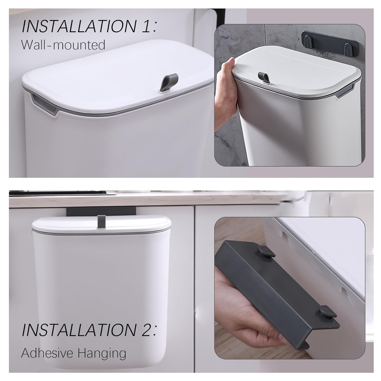 Compost Bin, 2.5 Gallon Hanging Trash Can with Lid, Kitchen Cabinet Door Under Sink Plastic Garbage Can Wall Mounted Slide Open, White