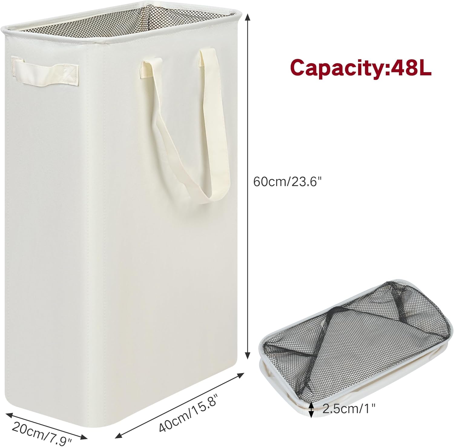 Slim Laundry Hamper with Handles, Collapsible Small Hamper for Laundry, Dirty Clothes Basket for Bedroom, Dorm and Laundry Room, 48L 12.7 Gallon Beige