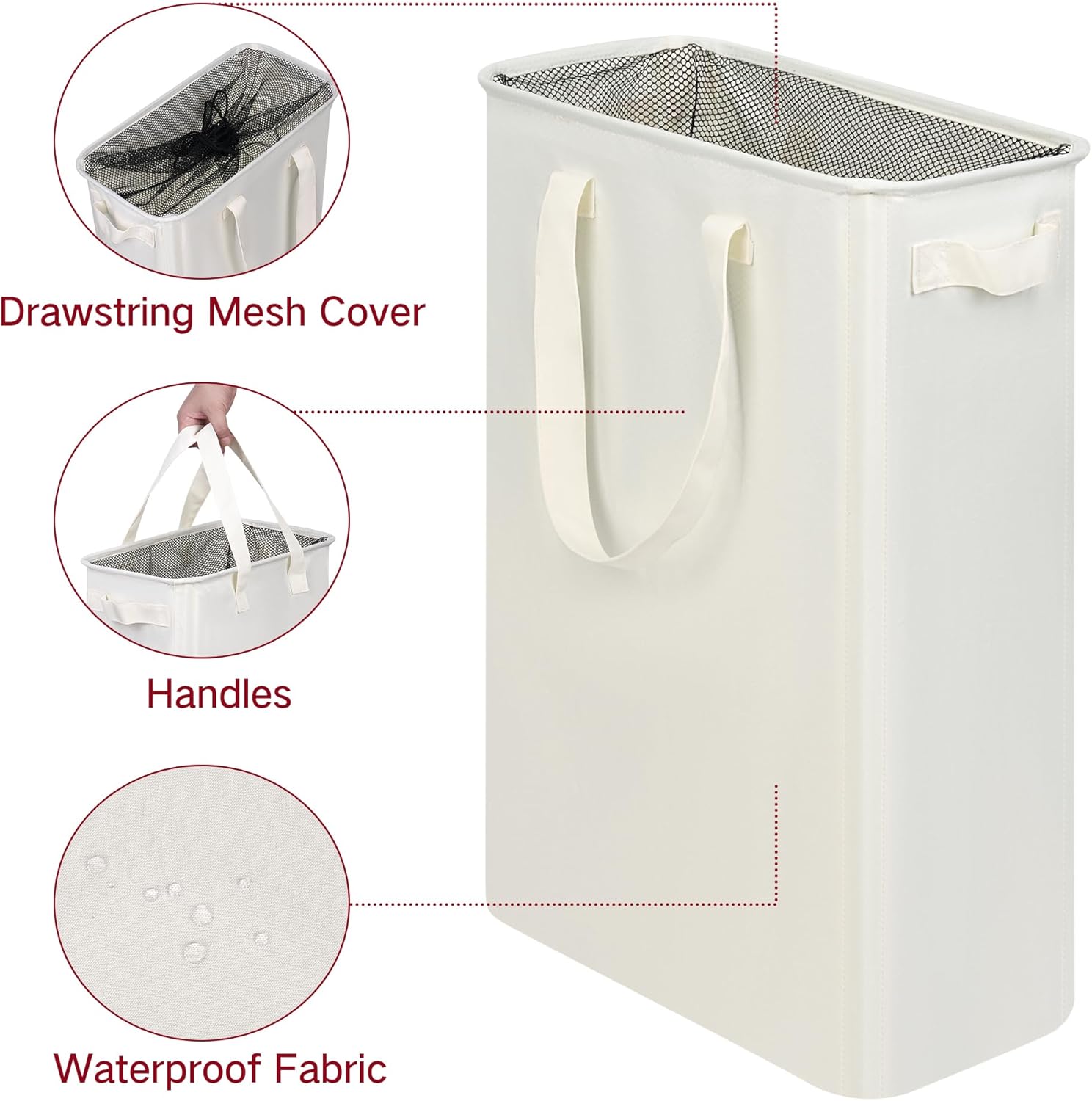 Slim Laundry Hamper with Handles, Collapsible Small Hamper for Laundry, Dirty Clothes Basket for Bedroom, Dorm and Laundry Room, 48L 12.7 Gallon Beige