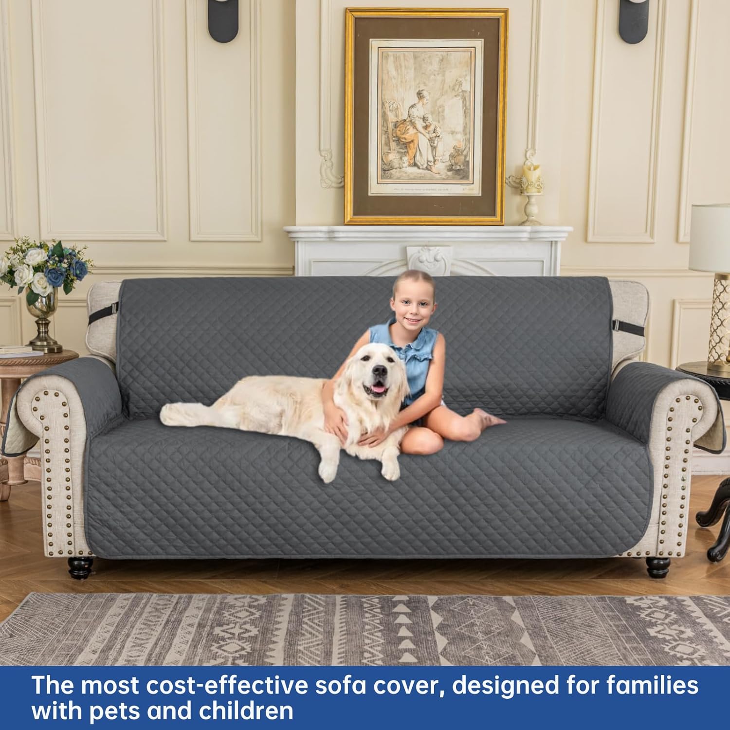 Couch Covers for 3 Cushion with Pockets and Non Slip Straps Water Resistant Sofa Slipcovers for Living Room Soft Thick Furniture Protector for Pets Dogs Kids Large, Dark Gray