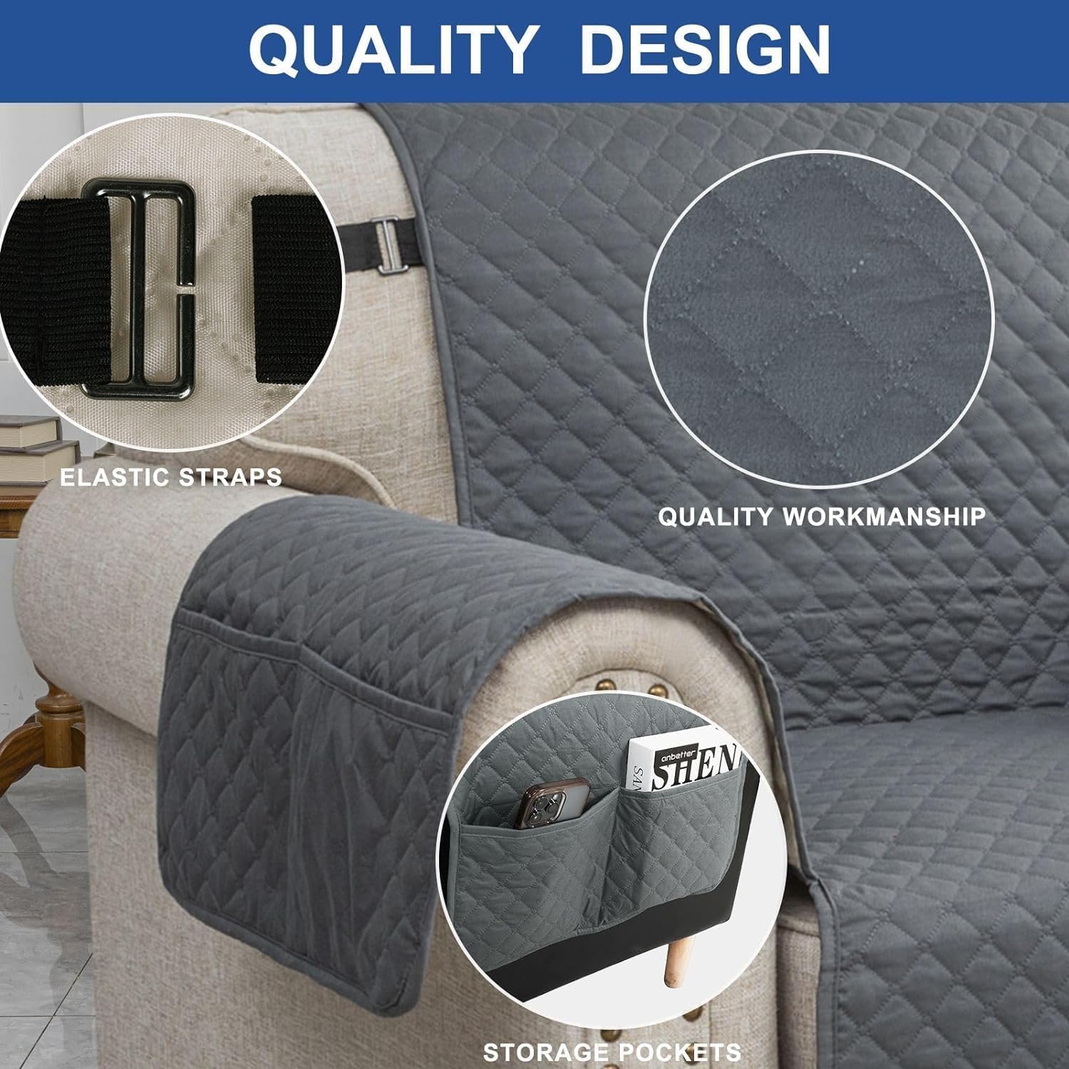 Couch Covers for 3 Cushion with Pockets and Non Slip Straps Water Resistant Sofa Slipcovers for Living Room Soft Thick Furniture Protector for Pets Dogs Kids Large, Dark Gray