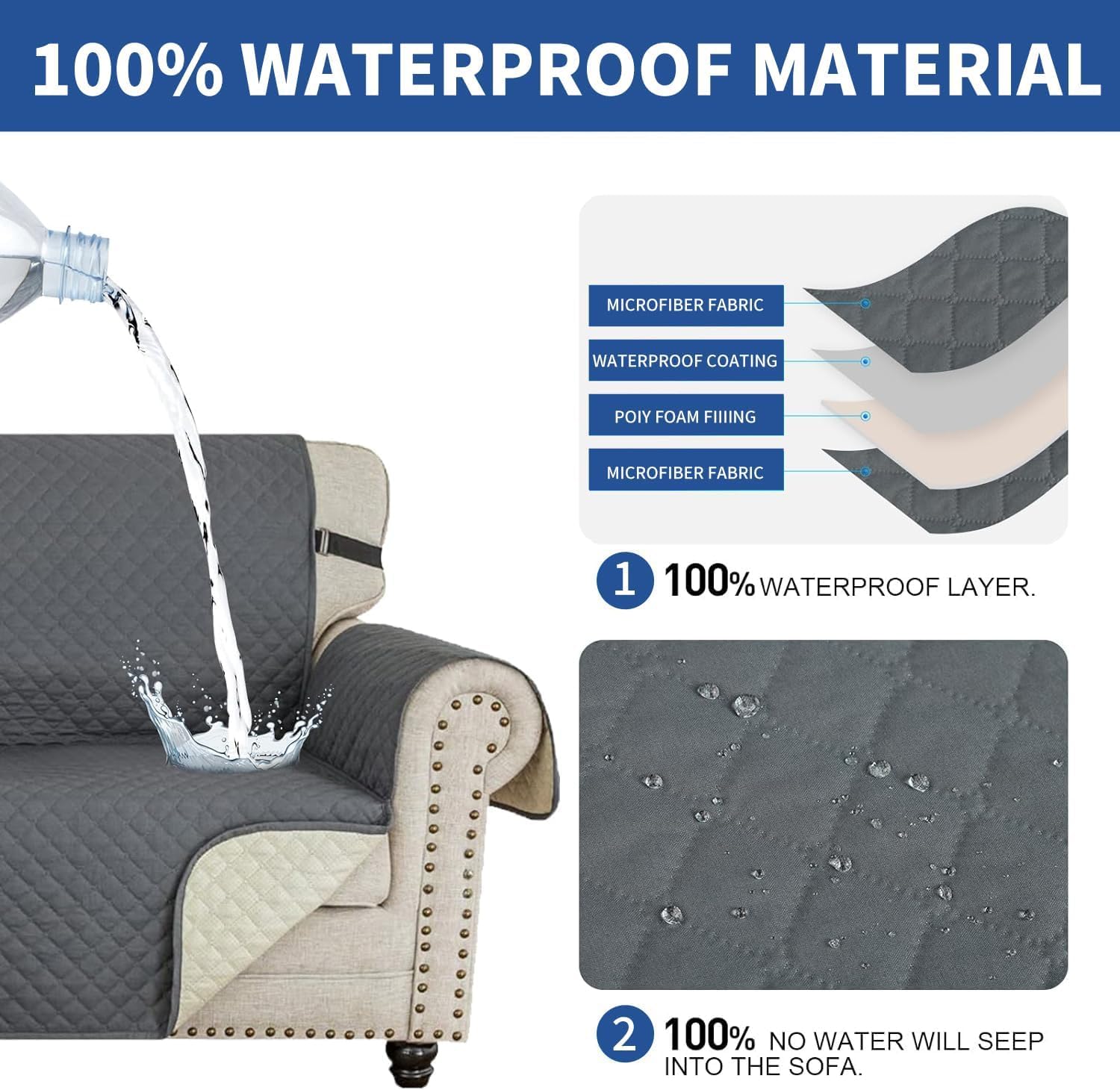 Couch Covers for 3 Cushion with Pockets and Non Slip Straps Water Resistant Sofa Slipcovers for Living Room Soft Thick Furniture Protector for Pets Dogs Kids Large, Dark Gray