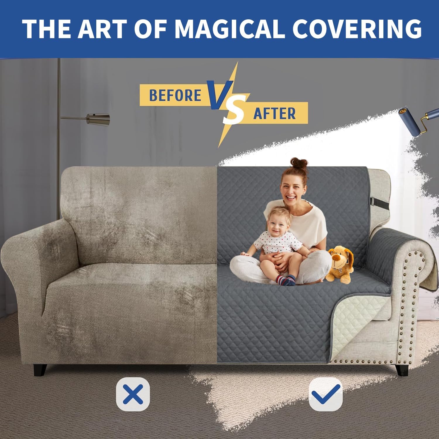 Couch Covers for 3 Cushion with Pockets and Non Slip Straps Water Resistant Sofa Slipcovers for Living Room Soft Thick Furniture Protector for Pets Dogs Kids Large, Dark Gray