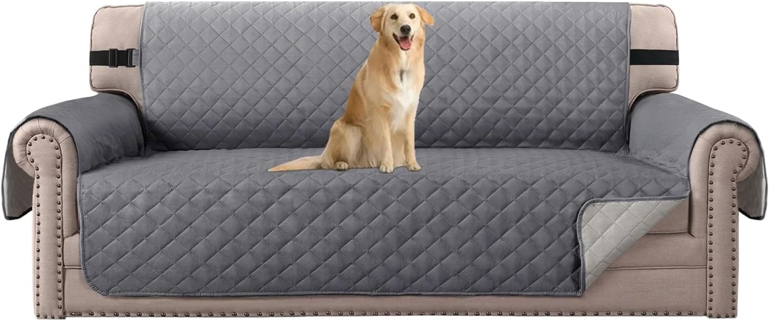 Reversible Sofa Cover for 3 Cushion Couch Water Resistant Couch Cover for Dogs Non Slip Furniture Protector Cover with Elastic Strap for Pet Cat Seat Width: 66", Grey/Beige
