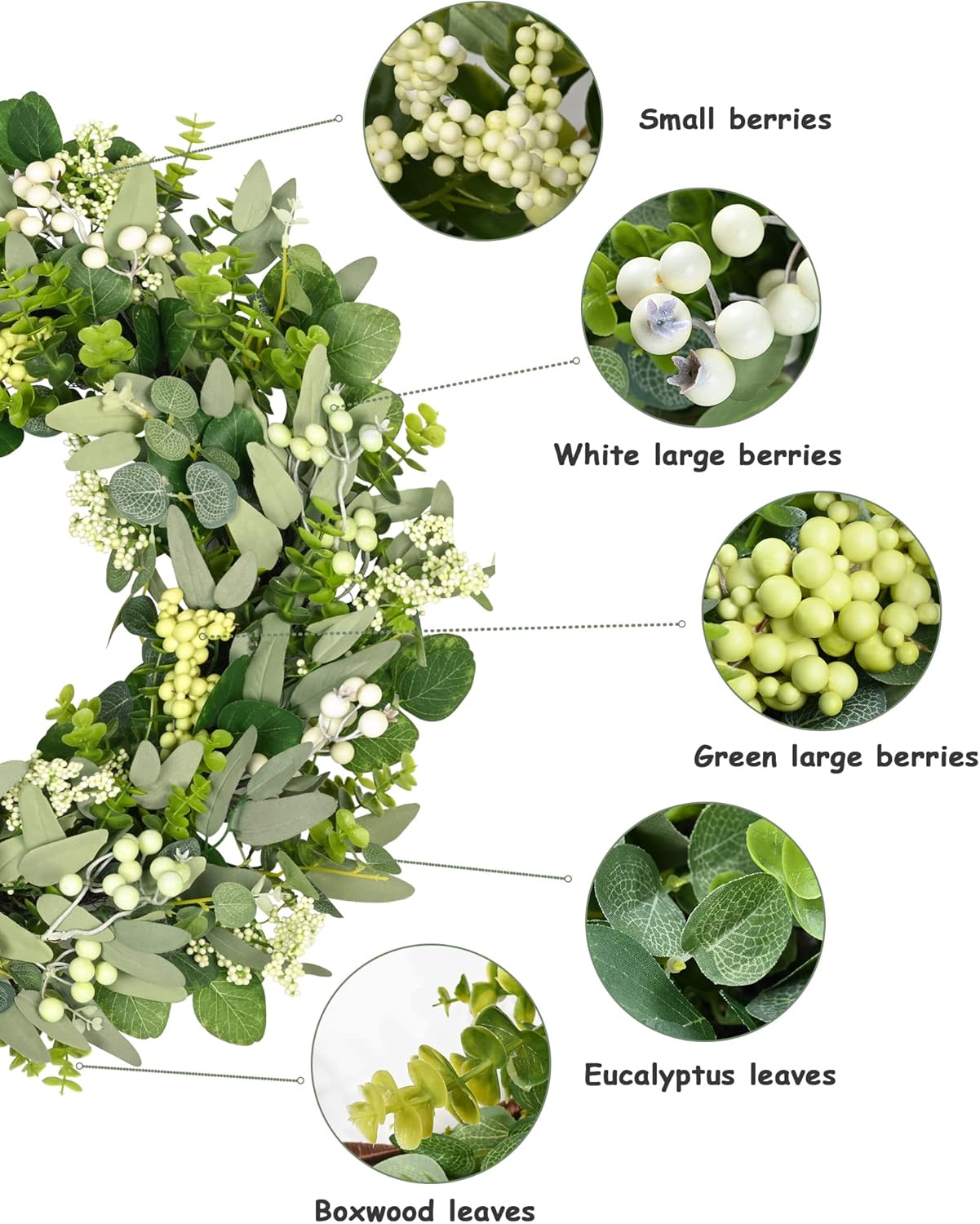 Green Eucalyptus Leaves Front Door Wreath, 24 Inch Artificial Spring Summer Greenery Wreath Front Door Decoration Boxwood with Big Berries Farmhouse Outdoor Year-Round - Indoor/Outdoor