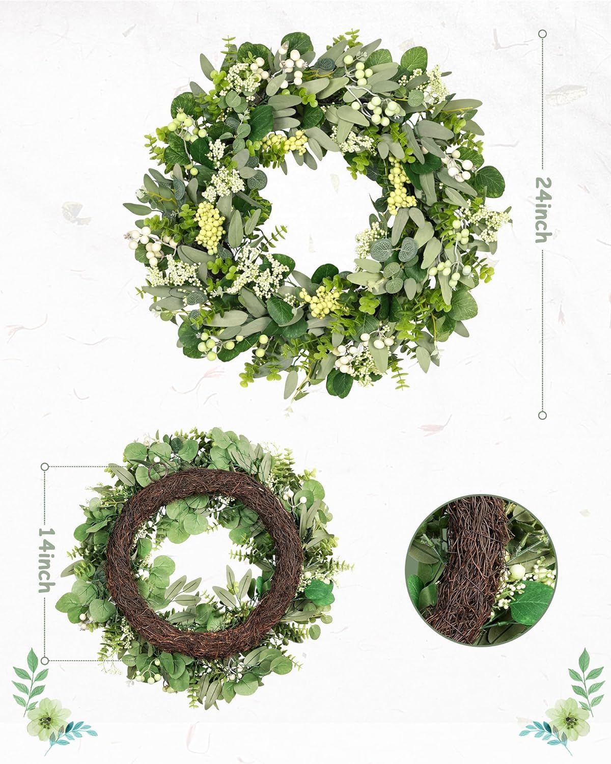 Green Eucalyptus Leaves Front Door Wreath, 24 Inch Artificial Spring Summer Greenery Wreath Front Door Decoration Boxwood with Big Berries Farmhouse Outdoor Year-Round - Indoor/Outdoor