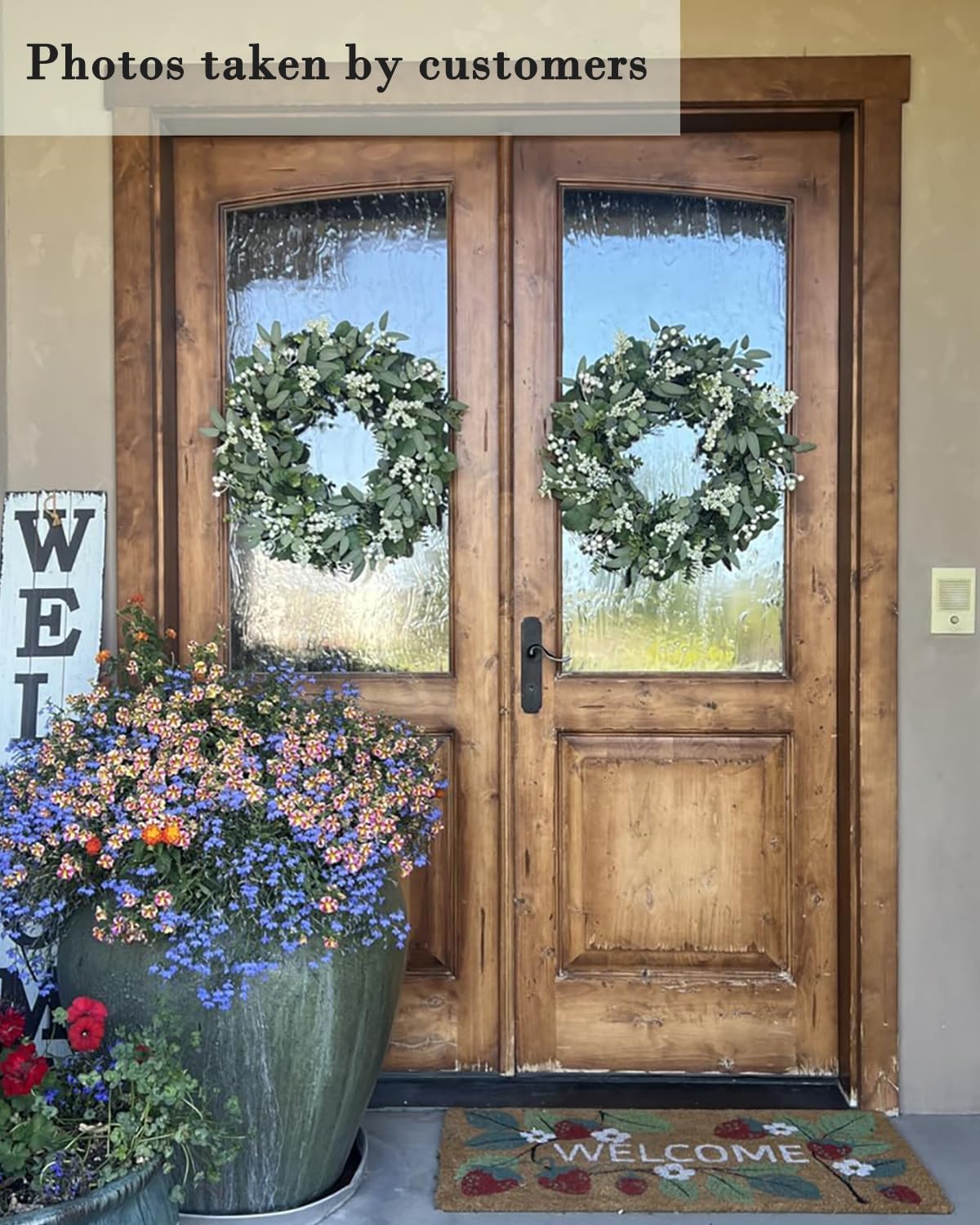 Green Eucalyptus Leaves Front Door Wreath, 24 Inch Artificial Spring Summer Greenery Wreath Front Door Decoration Boxwood with Big Berries Farmhouse Outdoor Year-Round - Indoor/Outdoor